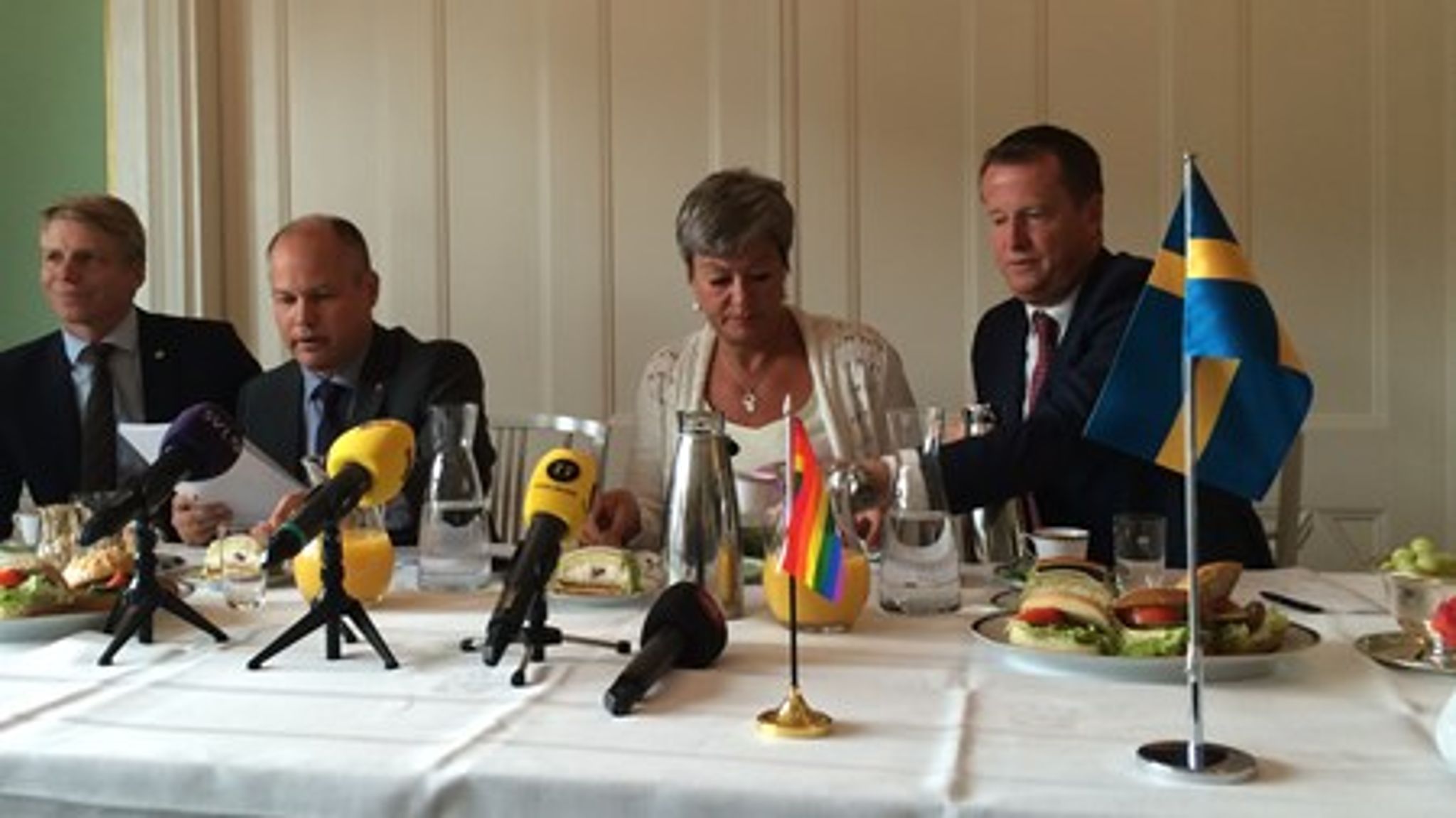 Inrikesminister Anders Ygeman (längst till höger) vid pressträffen efter regeringens sammanträde på torsdagen tillsammans med statsrådskollegorna Per Bolund, Morgan Johansson och Ylva Johansson. Ygeman anser att polisen lägger för mycket resurser på anmälningar som inte rör brott.<br><br>