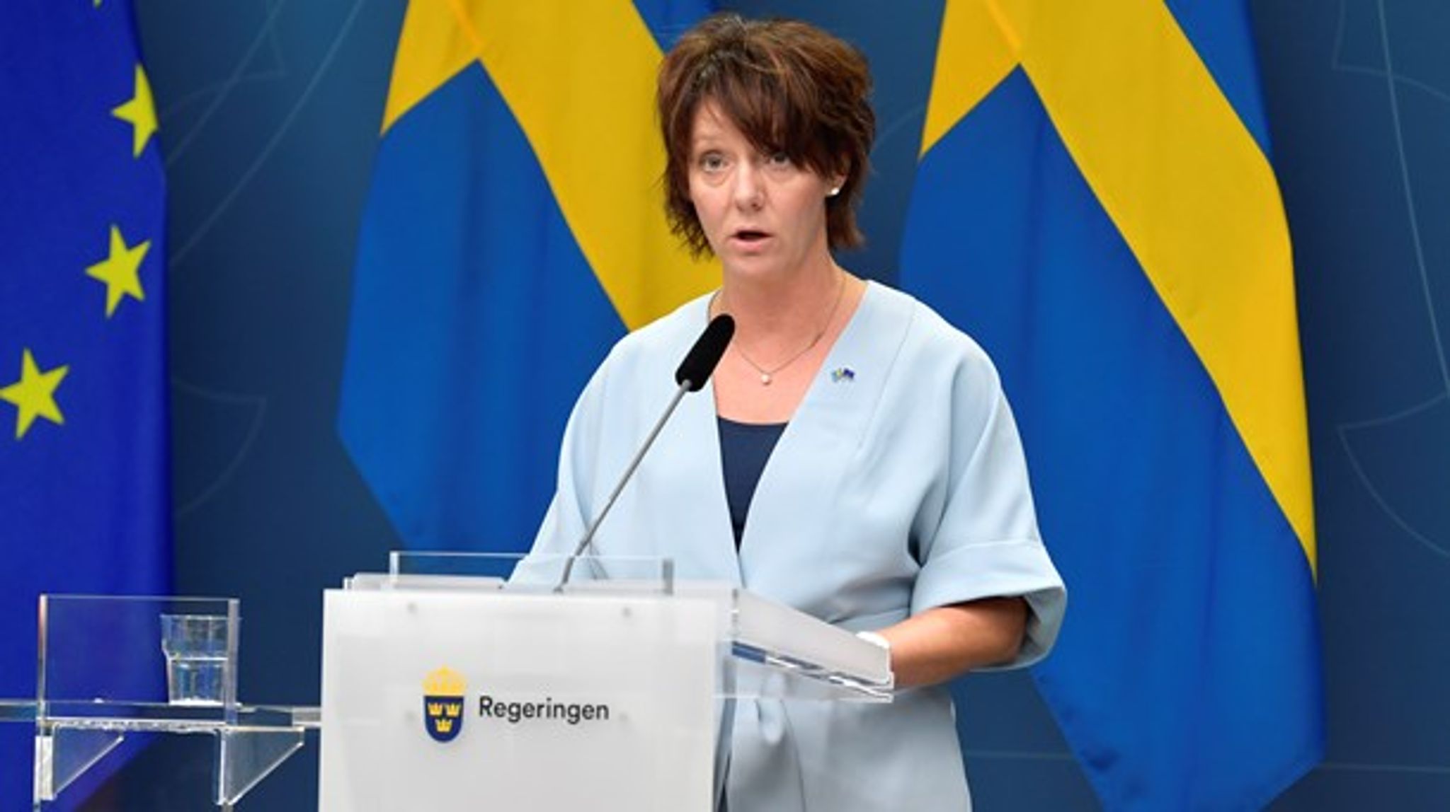Matilda Ernkrans (S), minister för högre utbildning och forskning, vid torsdagsmorgonens pressträff om regeringens beslut att möjliggöra ett begränsat högskoleprov i höst.<br>