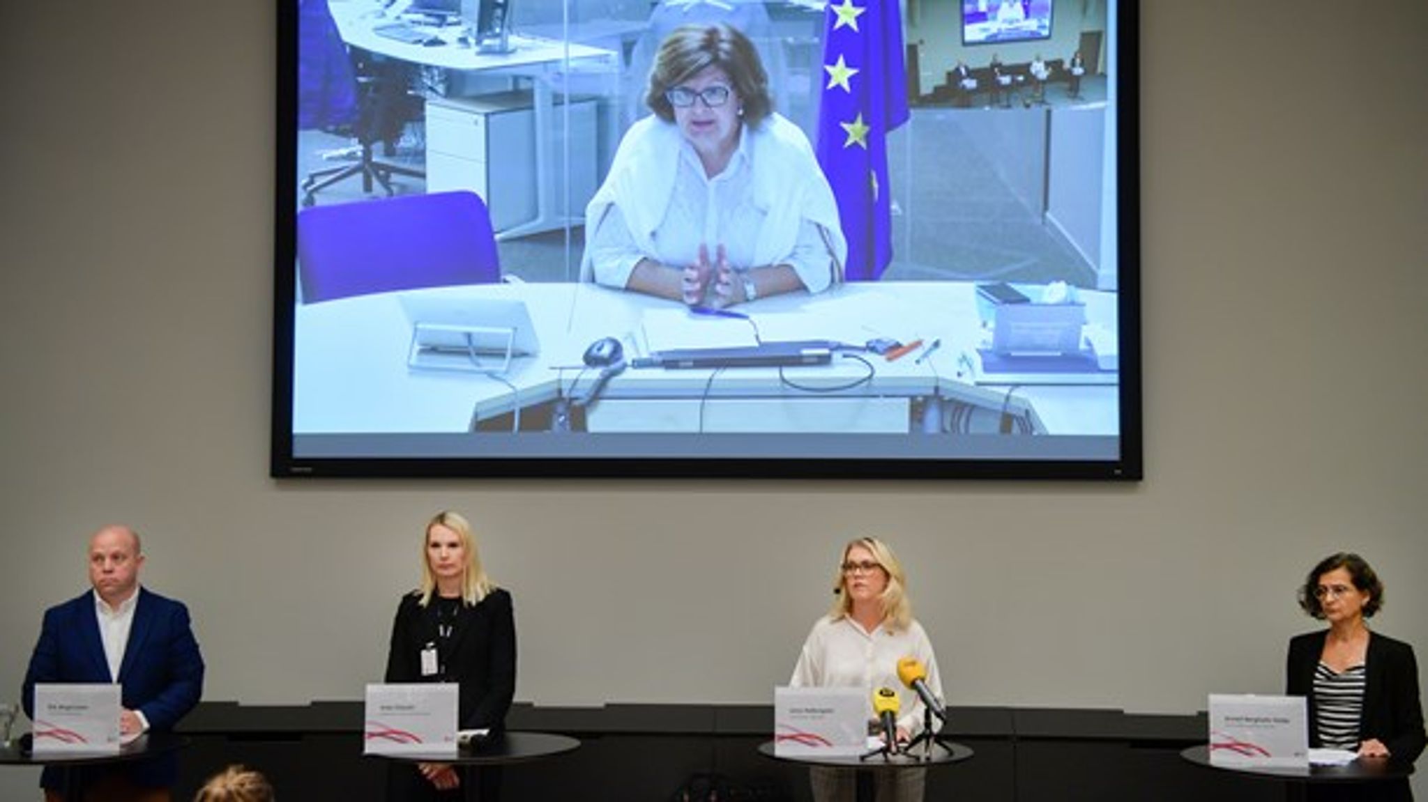 Erik Magnusson, Socialstyrelsen, Anja Clausin, FMV, Anneli Bergholm-Söder, MSB, och Paraskevi Michou, geraldirektör rescEU, EU-kommissionen på länk.<br>