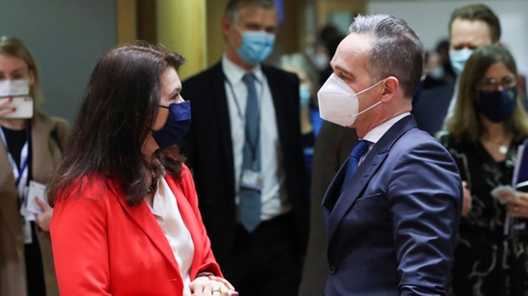 Utrikesminister Ann Linde (S) och Tysklands utrikesminister&nbsp;Heiko Maas under gårdagens EU-möte.