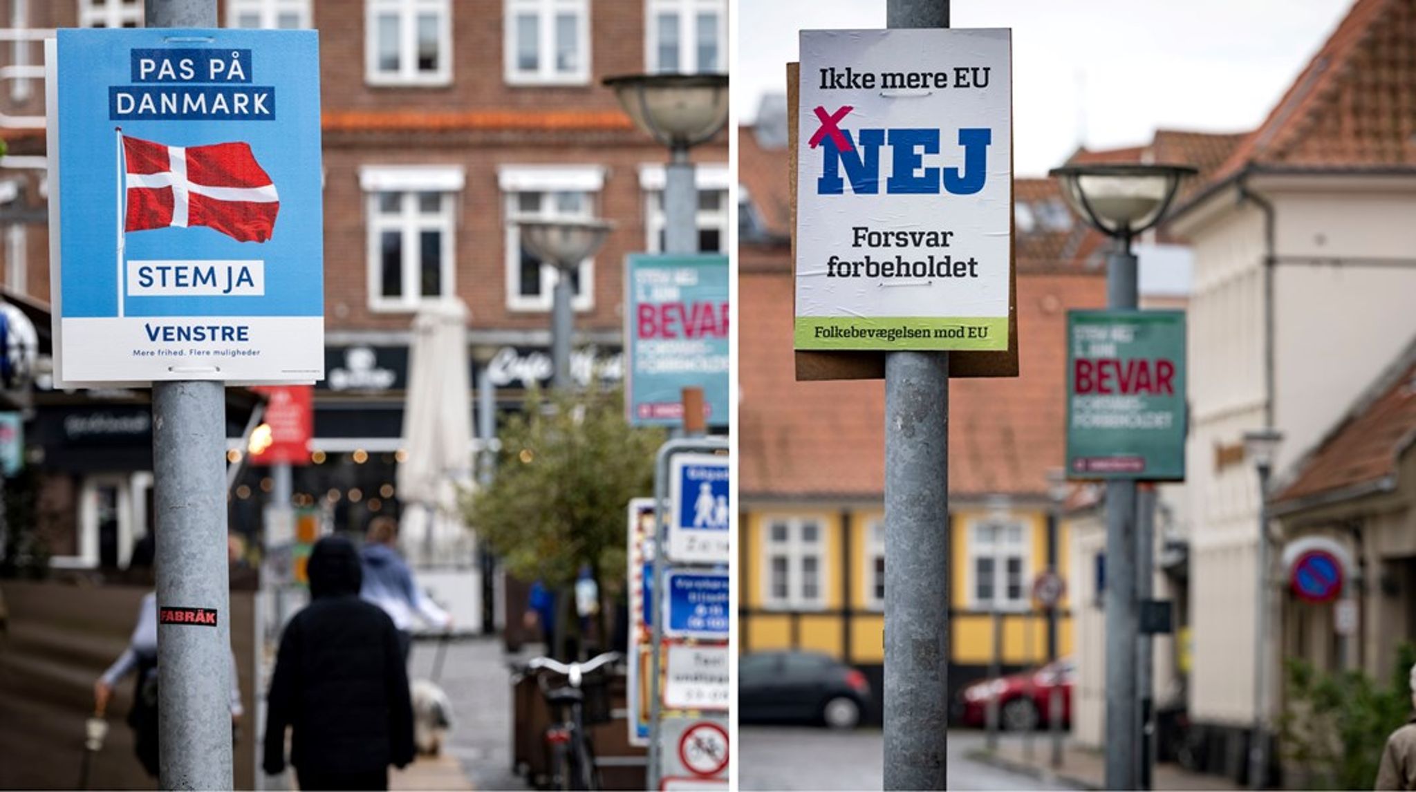 Valplakat inför folkomröstningen gällande det danska försvarsförbehållet på Store Torv i Rönne på Bornholm. 