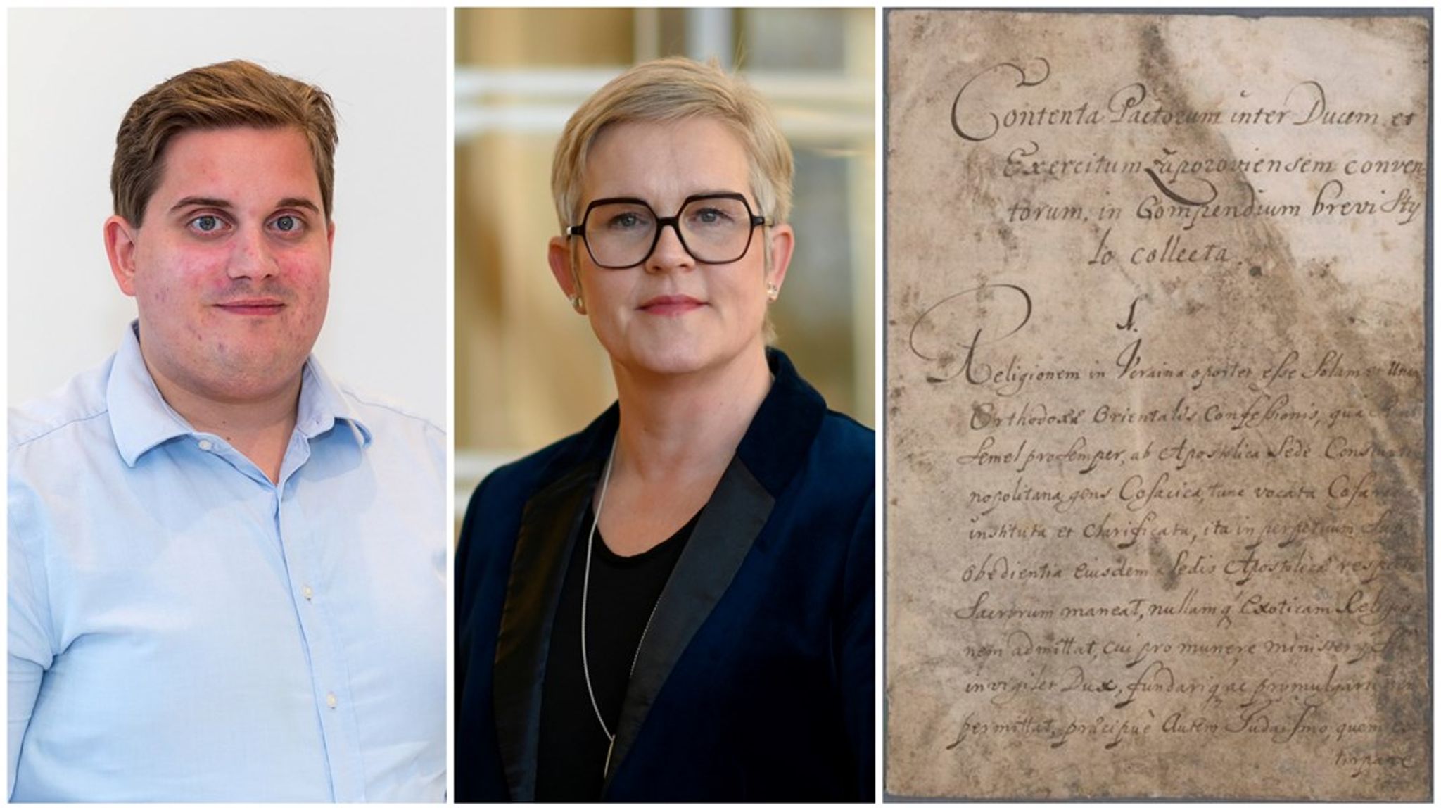 John Andersson, verksamhetschef på den ideella föreningen Wikimedia Sverige, och Karin Åström Iko, riksarkivarie. Riksarkivets&nbsp;bild på Filip Orliks konstitution från 1710 har fått&nbsp;stor spridning&nbsp;på Wikipedia.