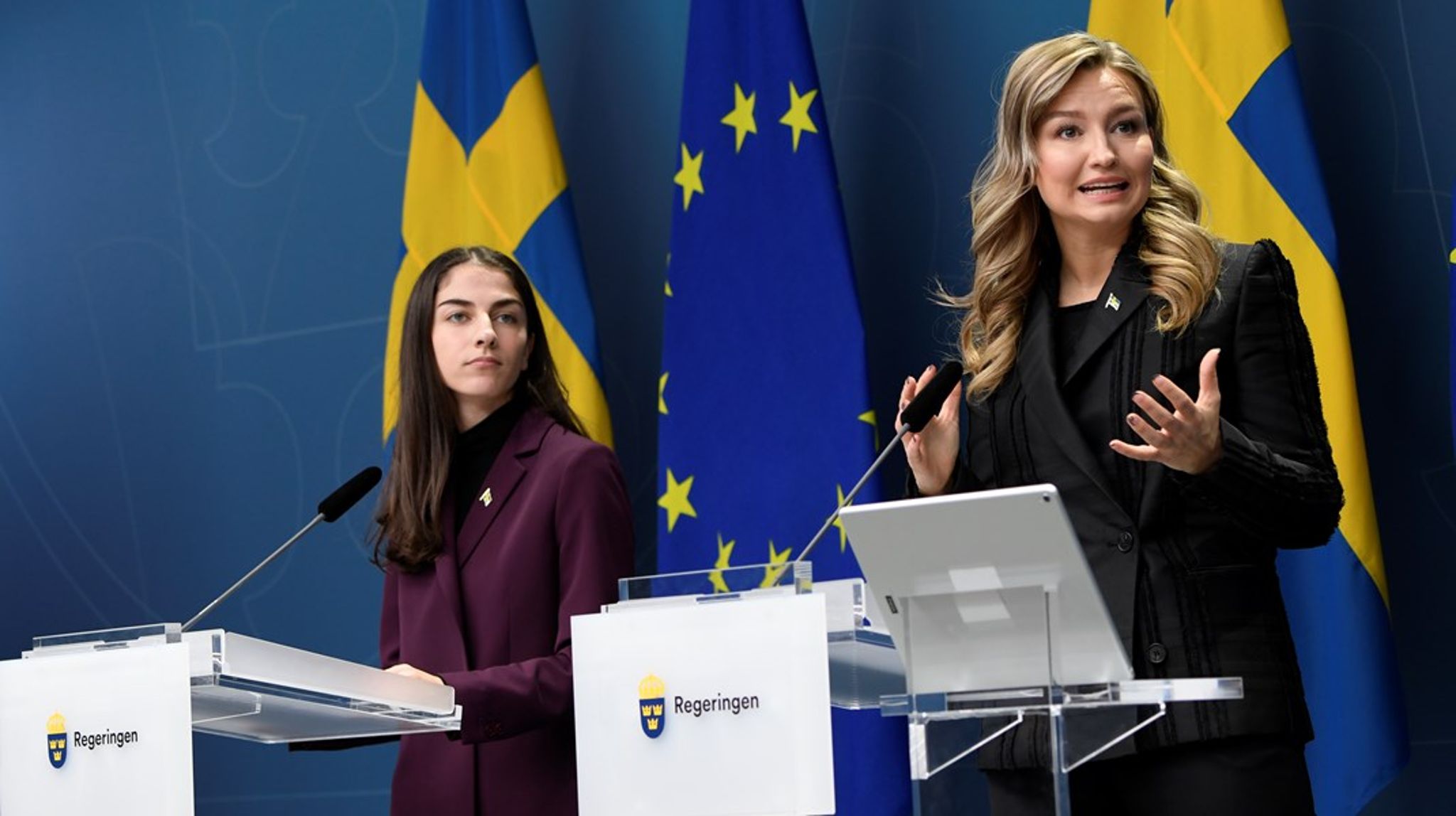 Dagen före lucia. Klimat- och miljöminister Romina Pourmokhtari (L) och energi- och näringsminister Ebba Busch (KD) håller pressträff om planerna på en paus i omprövningen av vattenkraftens miljötillstånd.