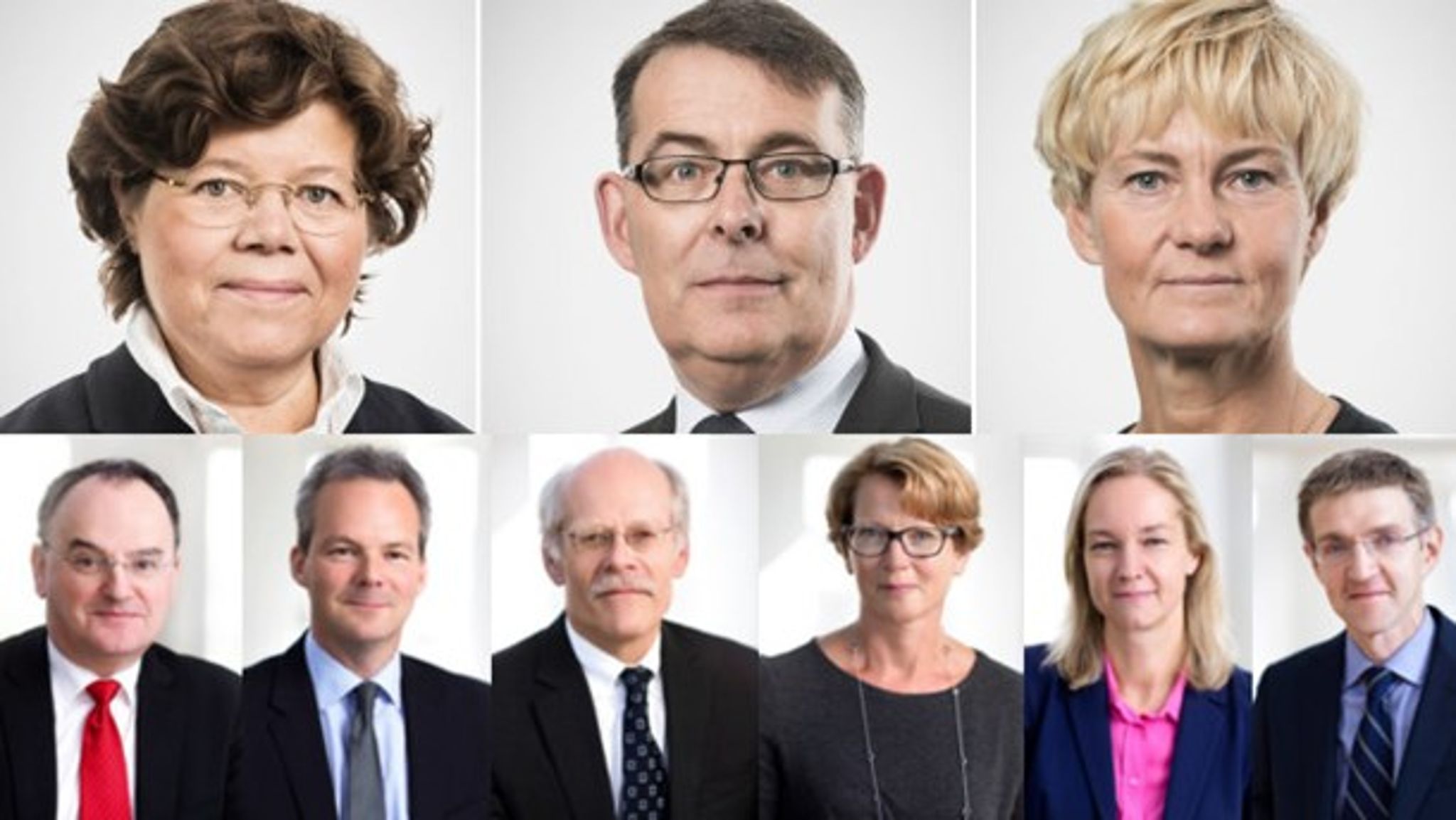 Avgående Margareta Åberg samt avgångna Ulf Bengtsson, Susanne Ackum, alla riksrevisorer. Nere: Henry Ohlsson, Per Jansson, Stefan Ingves, Kerstin af Jochnick, Cecilia Skingsley, Martin Flodén, riksbanksdirektionens ledamöter.