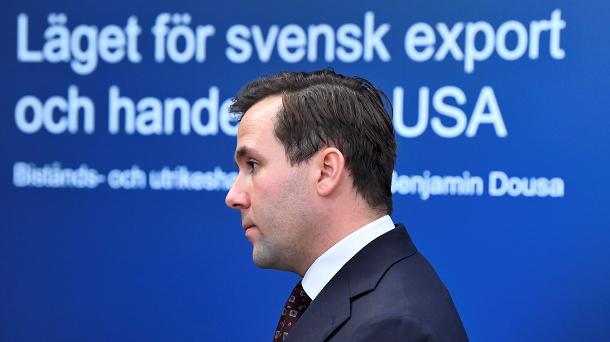 Benjamin Dousa (M) är ansvarig för handelsfrågor i regeringen.