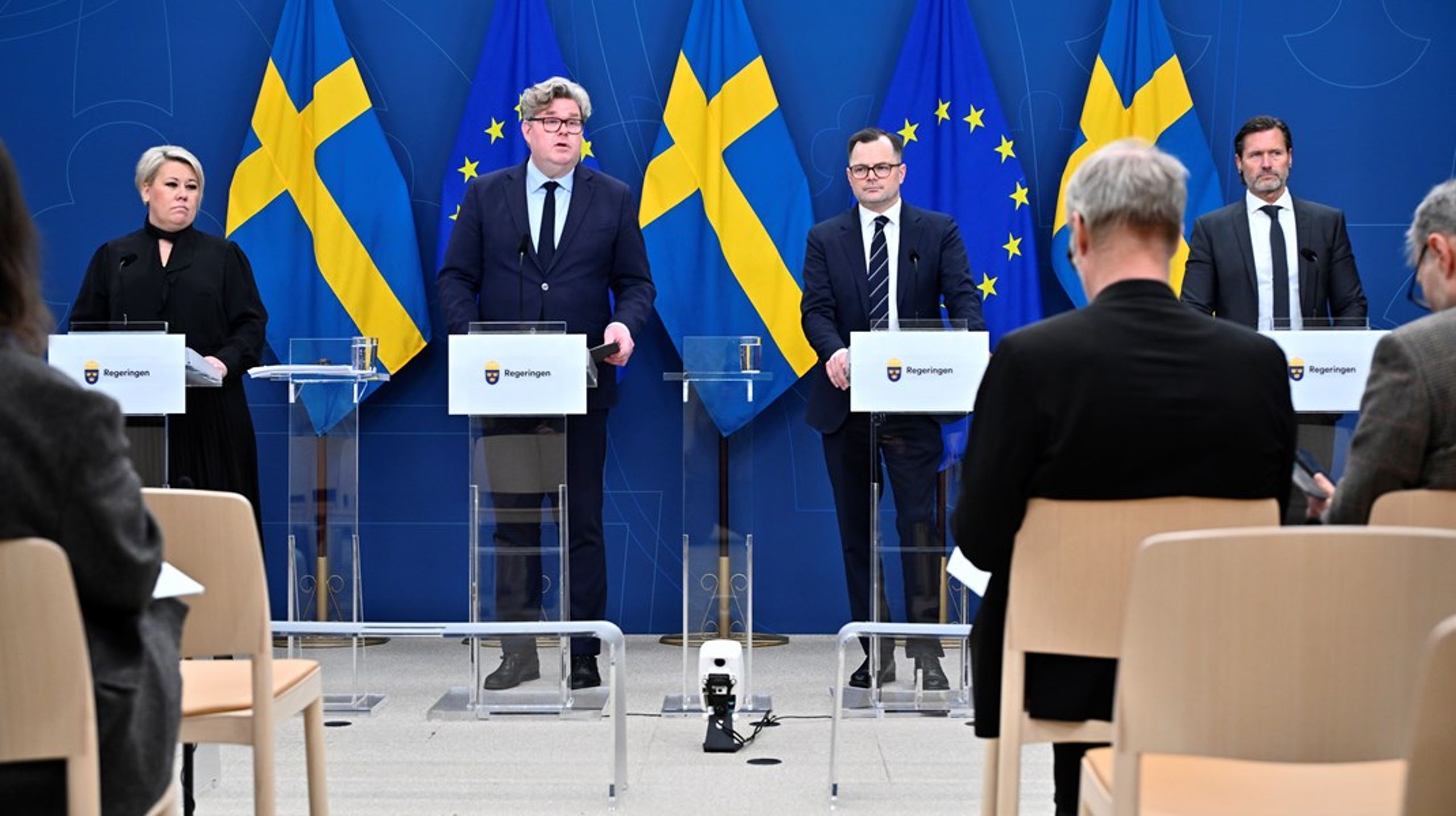 Camilla Brodin (KD), justitieminister Gunnar Strömmer (M),&nbsp;Adam
Marttinen (SD) och Martin Melin (L) presenterade det omstridda förslaget på en pressträff.&nbsp;