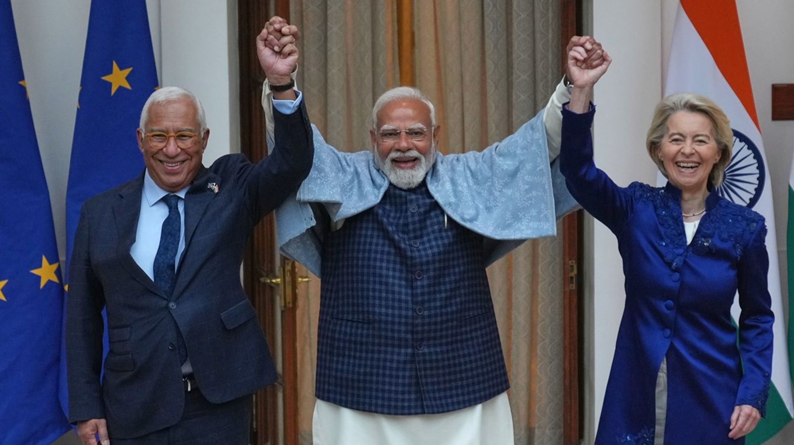 António Costa,&nbsp;Narendra&nbsp;Modi och Ursula von der Leyen skrev under i New Delhi det
som kallas ”alla avtals moder”.