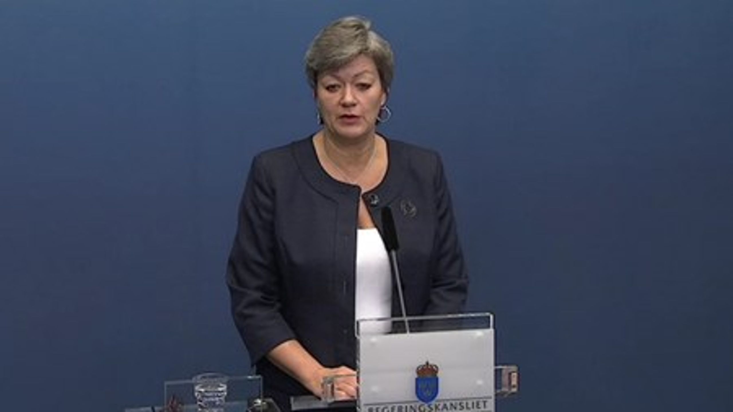 Arbetsmarknadsminister Ylva Johansson på en pressträff under onsdagen.<br>