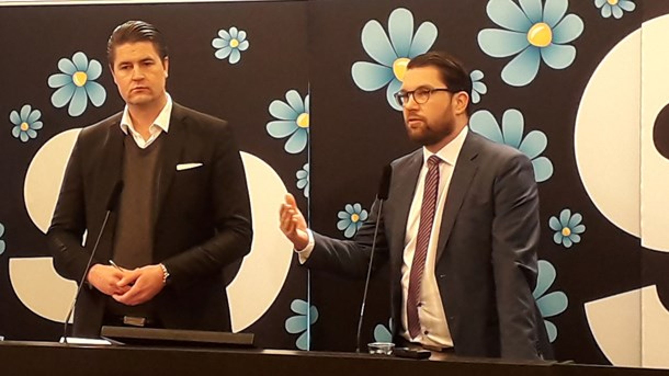 Sverigedemokraternas ekonomisk-politiska talesperson Oscar Sjöstedt och partiledare Jimmie Åkesson presenterar hur de ska rösta i budgetomröstningen.