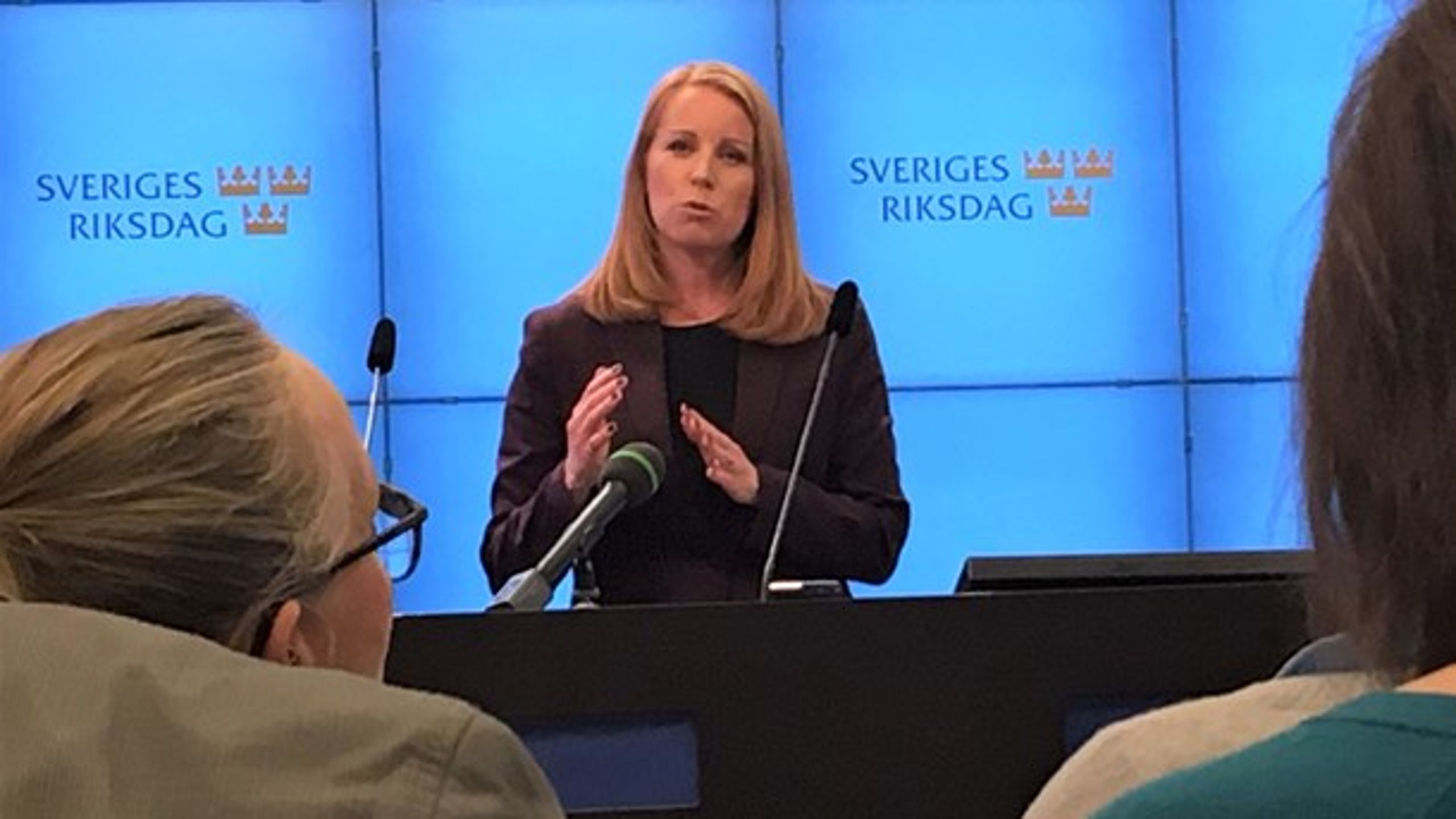 Annie Lööf (C) presenterar uppgörelsen vid en pressträff i riksdagen.