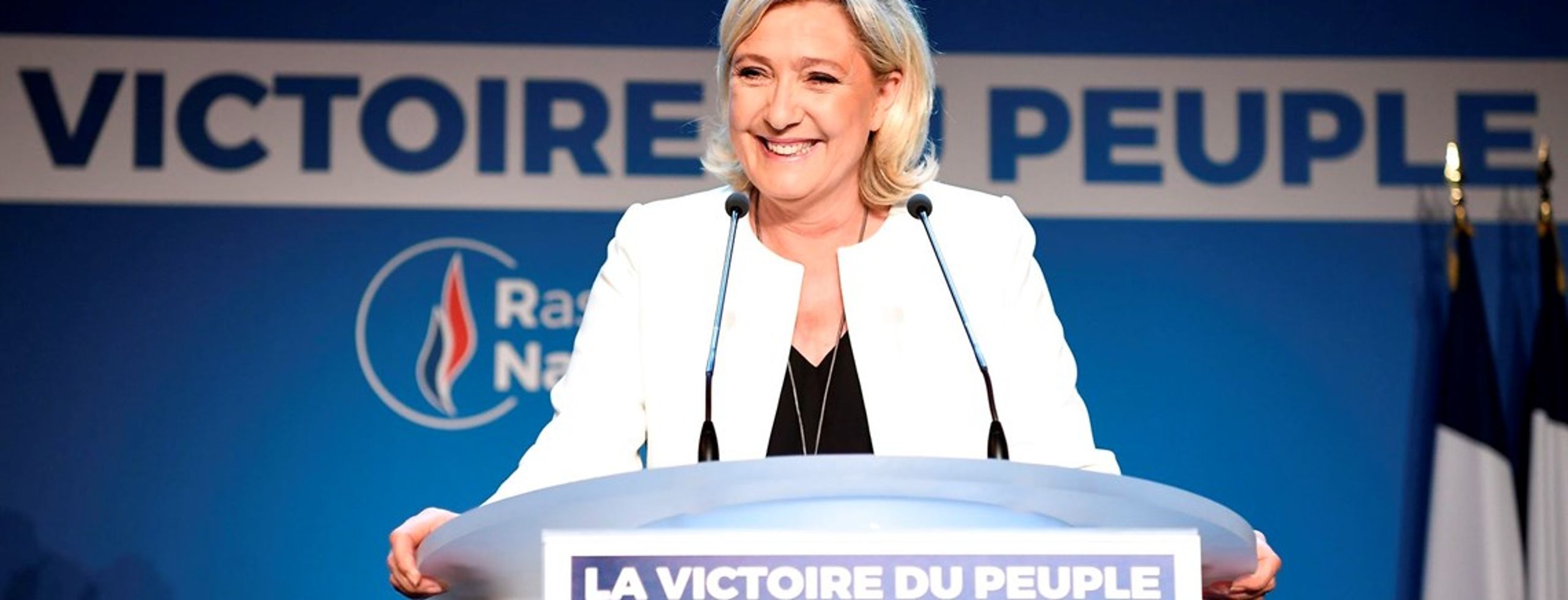 Marine Le Pen under söndagskvällen då resultatet för Europaparlamentsvalet presenterades. Le Pens parti Nationell Samling blev det vinnande partiet i Frankrikes EU-val.
