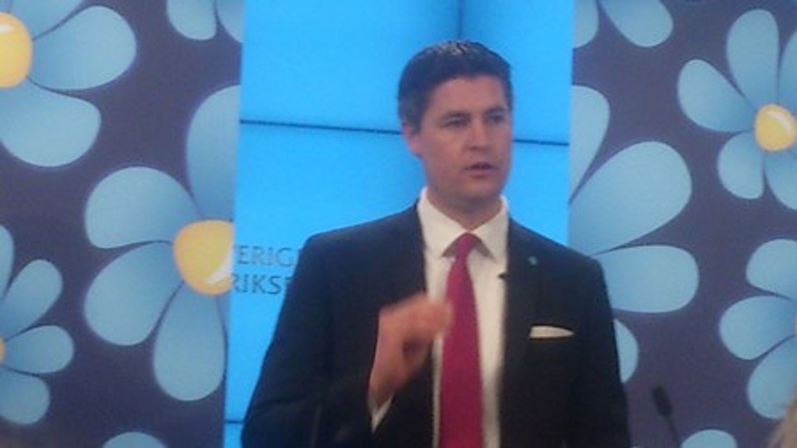 Ekonomiskpolitiske talespersonen Oscar Sjöstedt (SD) under en pressträff när vårbudgeten presenterades.<br>