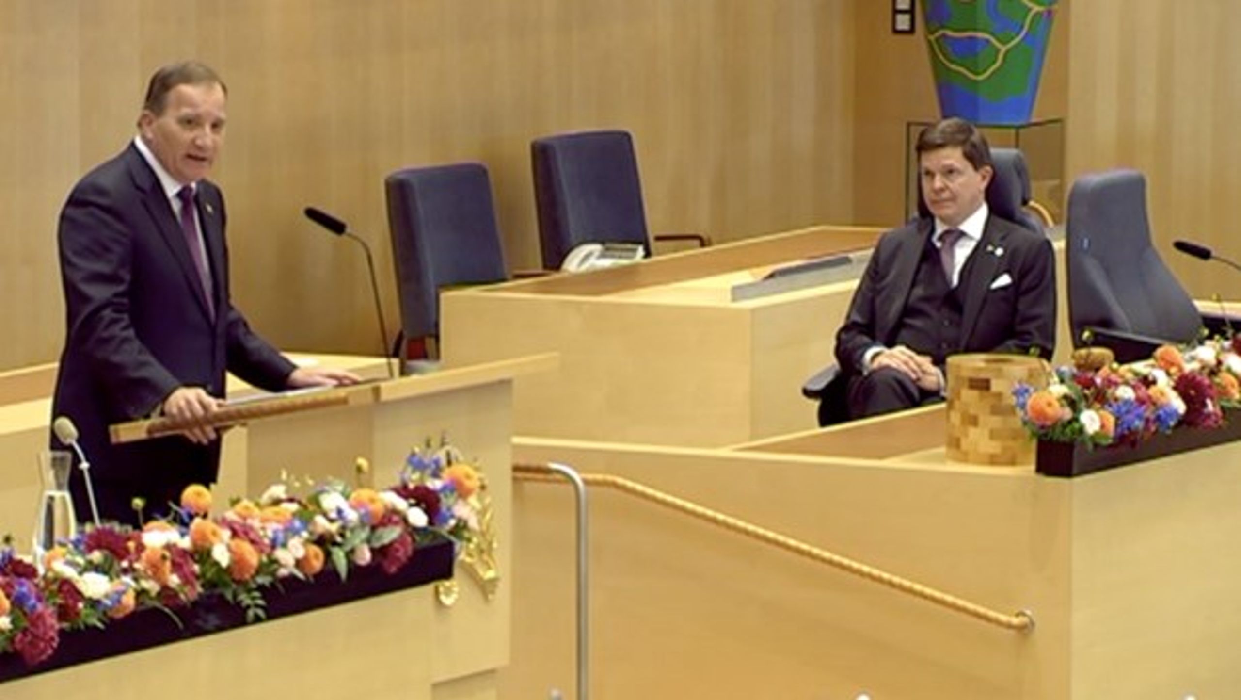 Statsminister Stefan Löfven (S) och talman Andreas Norlén vid riksmötets öppnande.