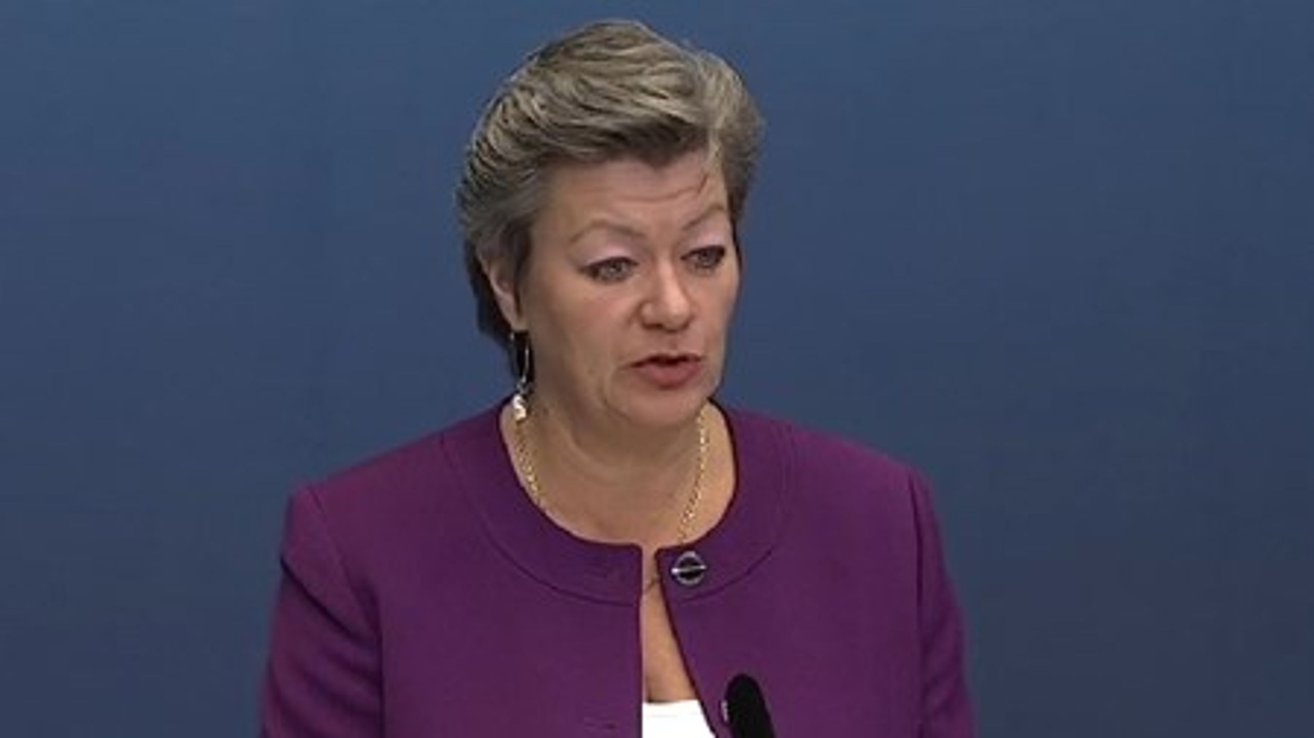 Arbetsmarknadsminister Ylva Johansson (S) under pressträffen.<br>