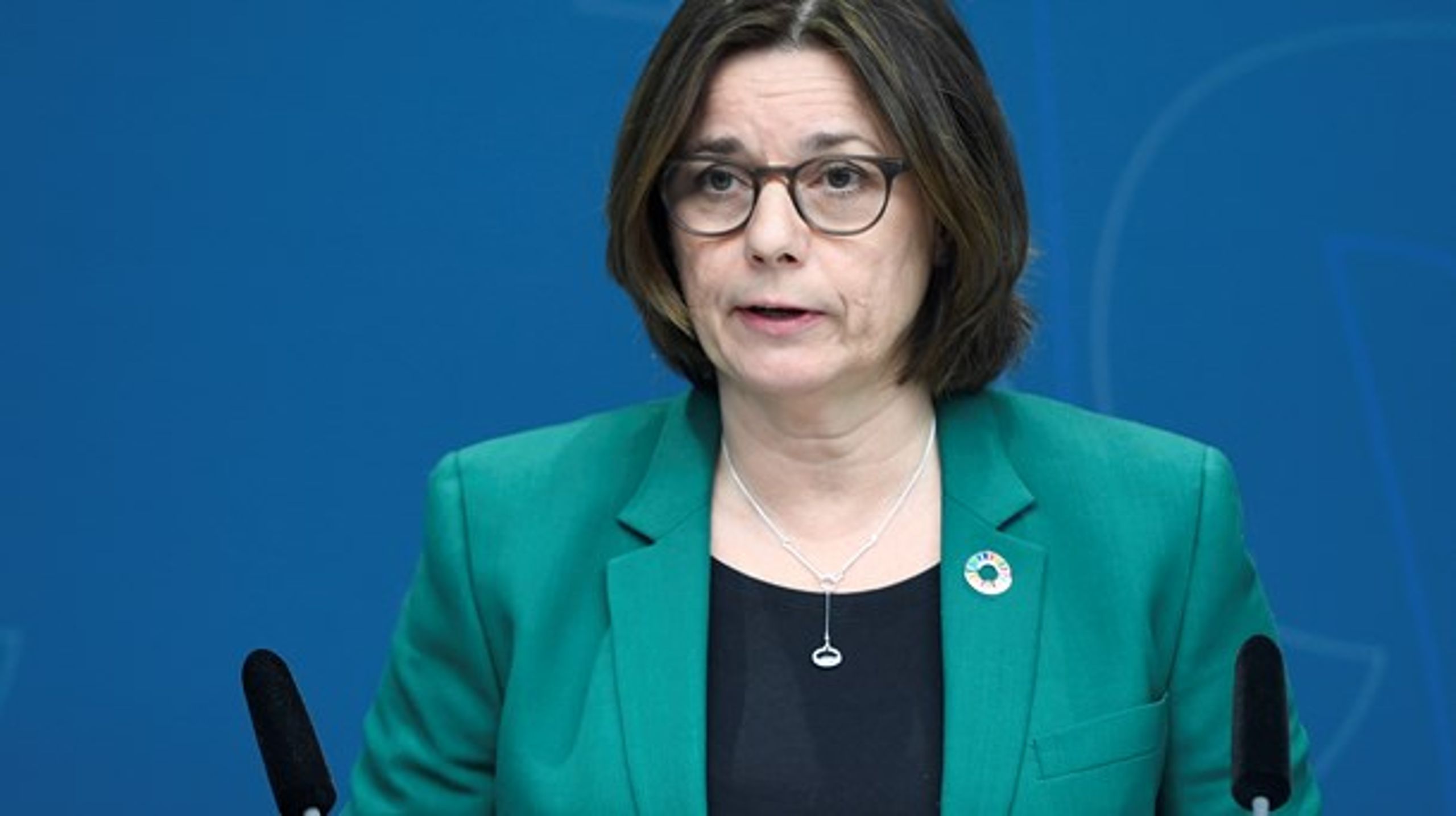 Vice statsminister Isabella Lövin (MP) vid en pressträff om nationell samordnare för Agenda 2030. Pressträffen den 21 februari är den senaste Lövin varit med på.