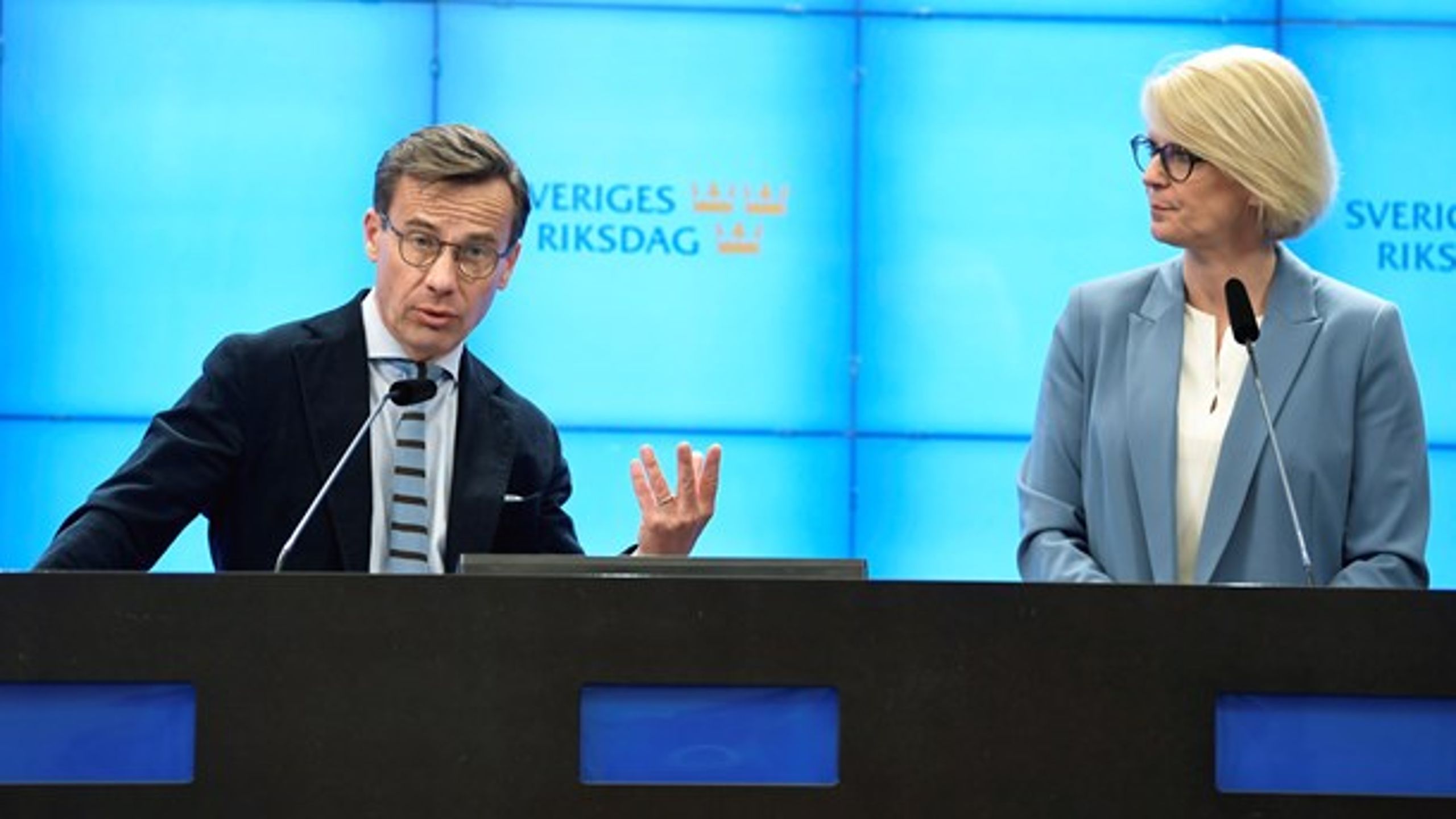 Moderaternas partiledare Ulf Kristersson och ekonomisk-politiska talesperson Elisabeth Svantesson presenterar partiets vårbudgetmotion.
