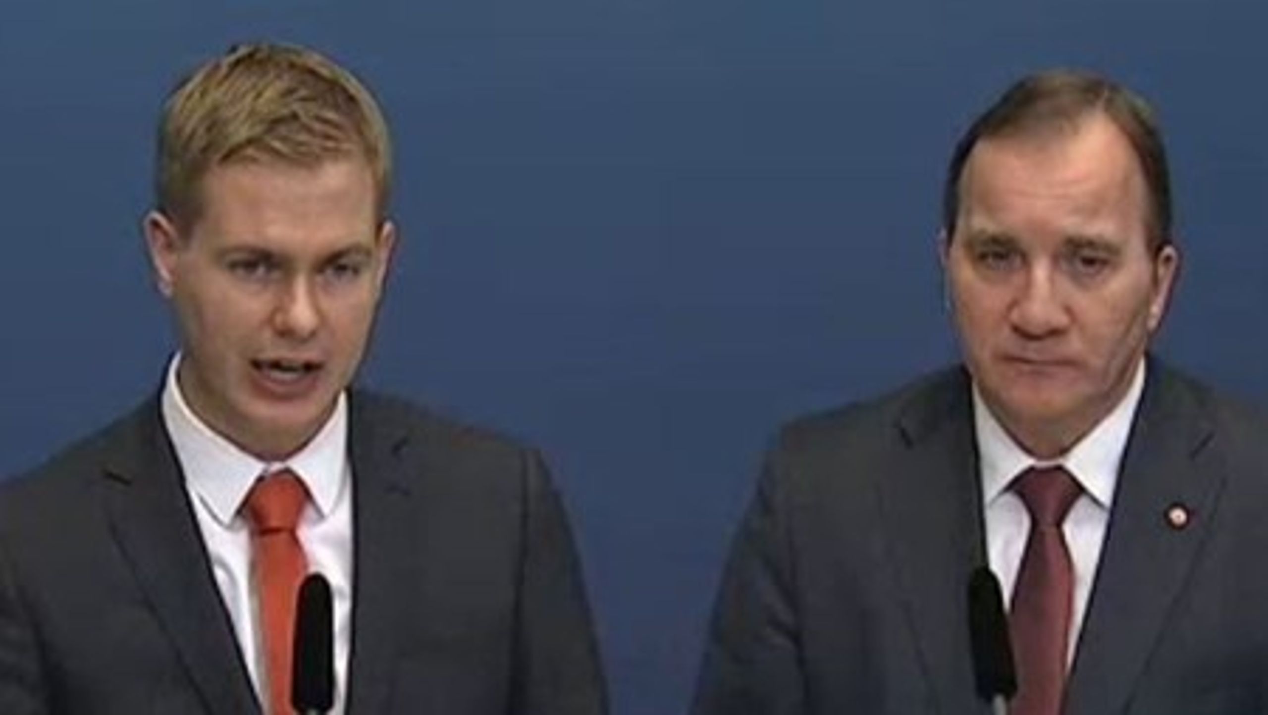 Utbildningsminister Gustav Fridolin (MP) och statsminister Stefan Löfven (S) på pressträff om skolan.