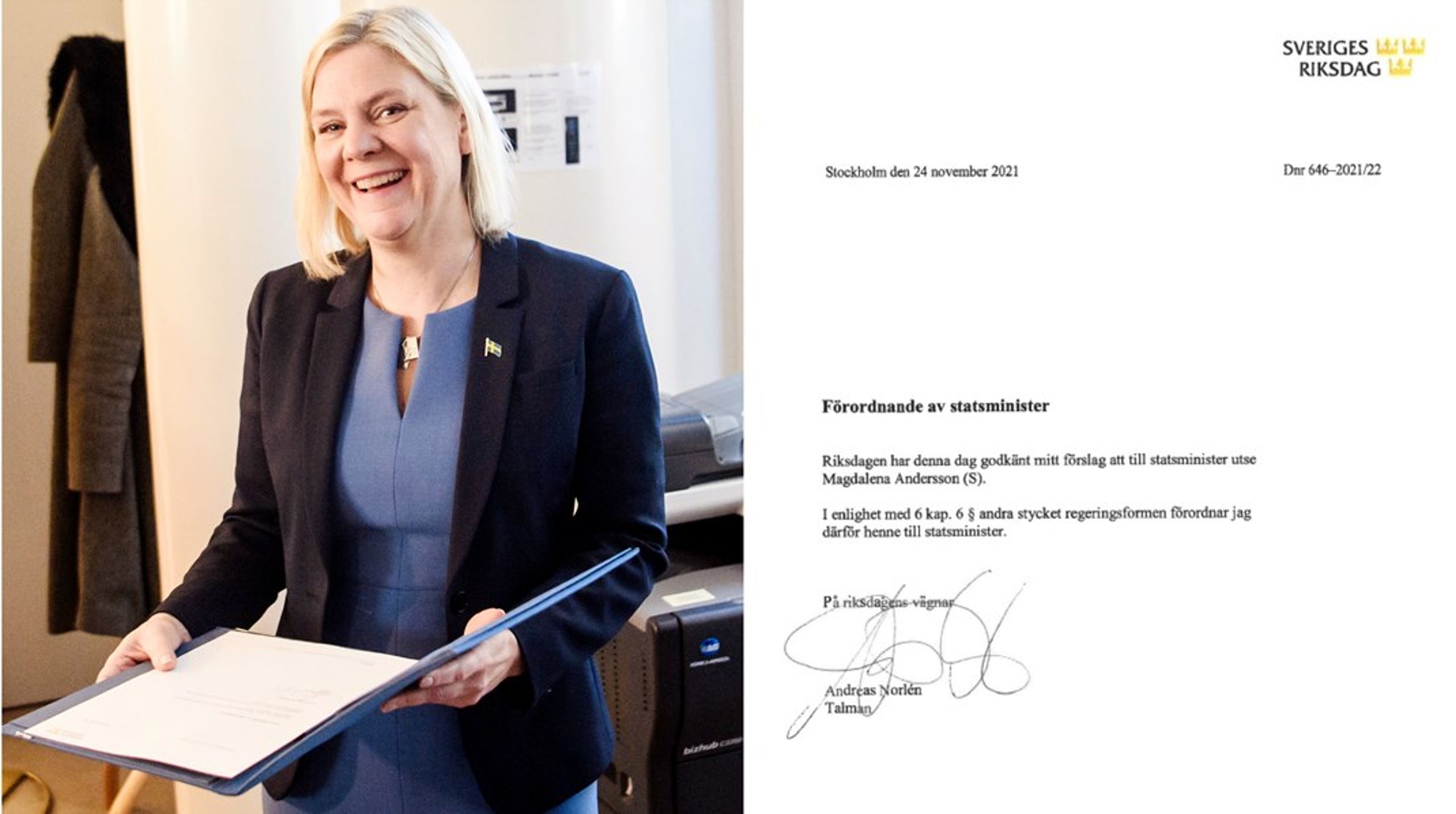 Tidigare statsminister Magdalena Andersson, av allt att döma med sitt förordnande från i onsdags i hand.&nbsp;