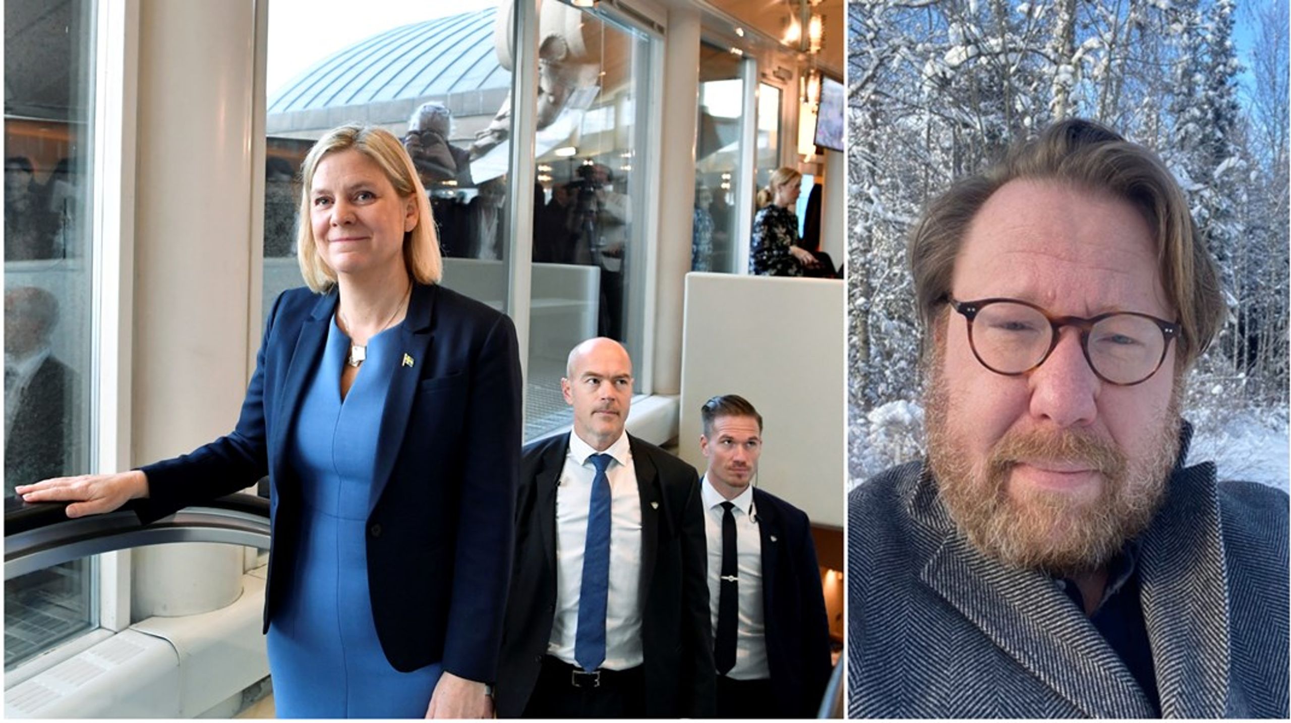 Statsminister Magdalena Andersson, tätt följd av två Säpo-vakter.