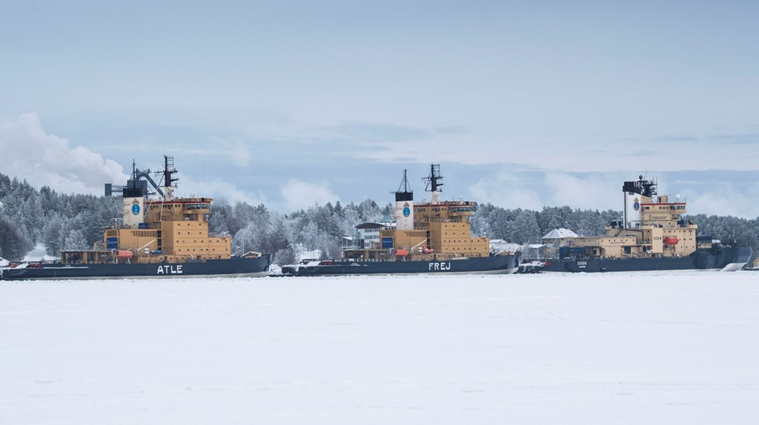 Sjöfartsverkets isbrytare Atle, Frej och Oden vid kaj i hamnen i Luleå.