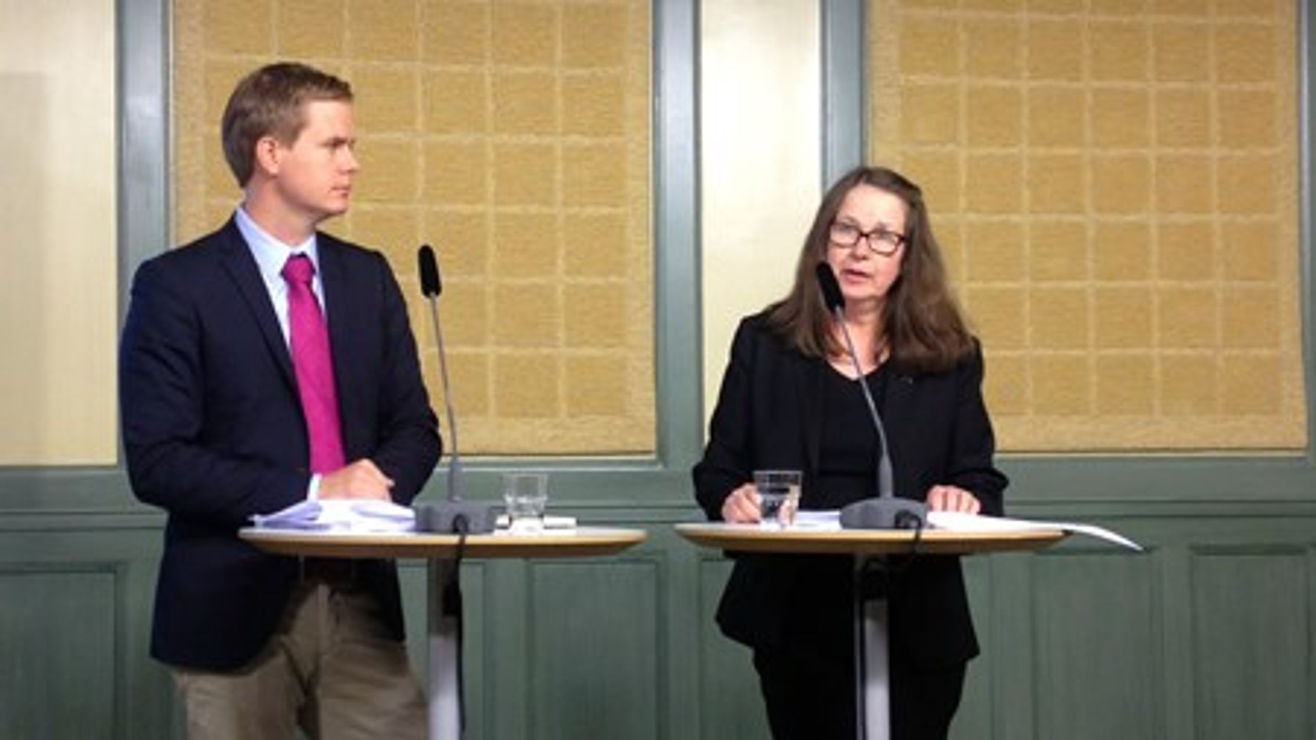 Utbildningsminister Gustav Fridolin (MP) tillsammans med den särskilda utredaren Eva
Durhan på pressträffen.<br>