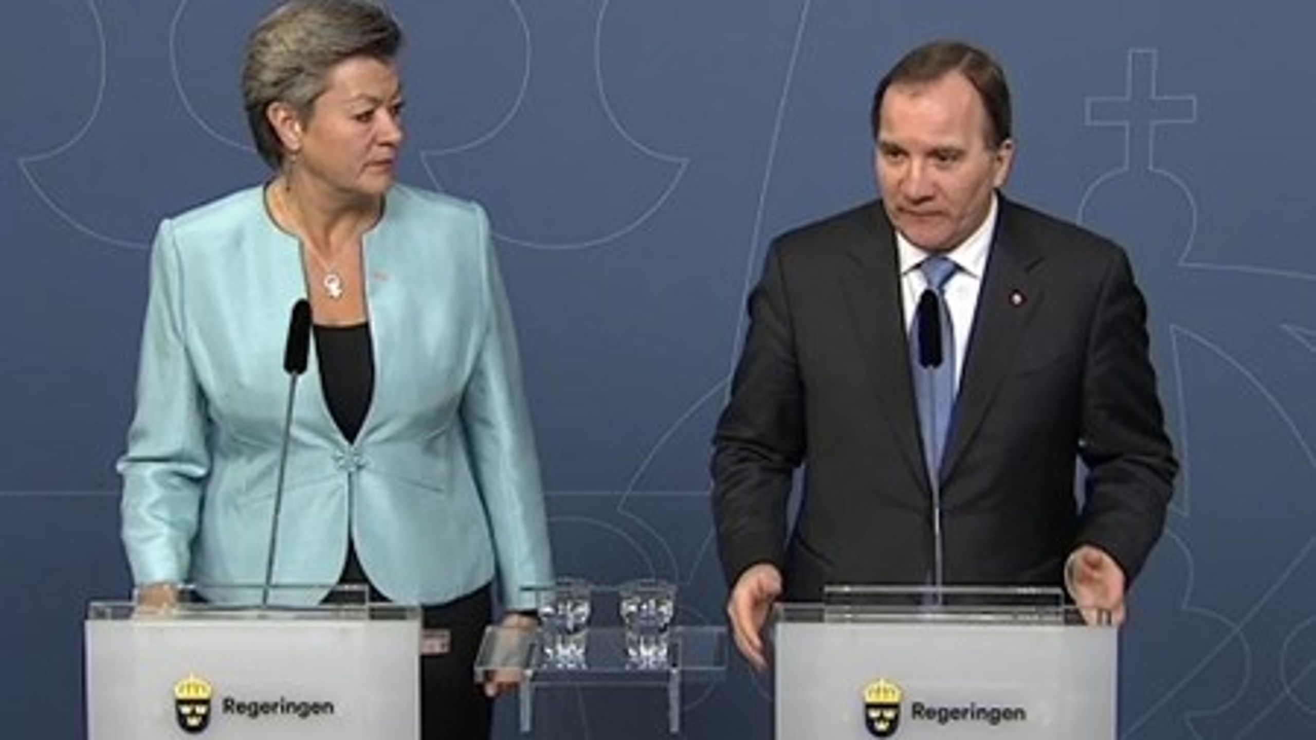 Statsminister Stefan Löfven (S) och arbetsmarknadsminister Ylva Johansson (S) under en pressträff på tisdagen.<br>