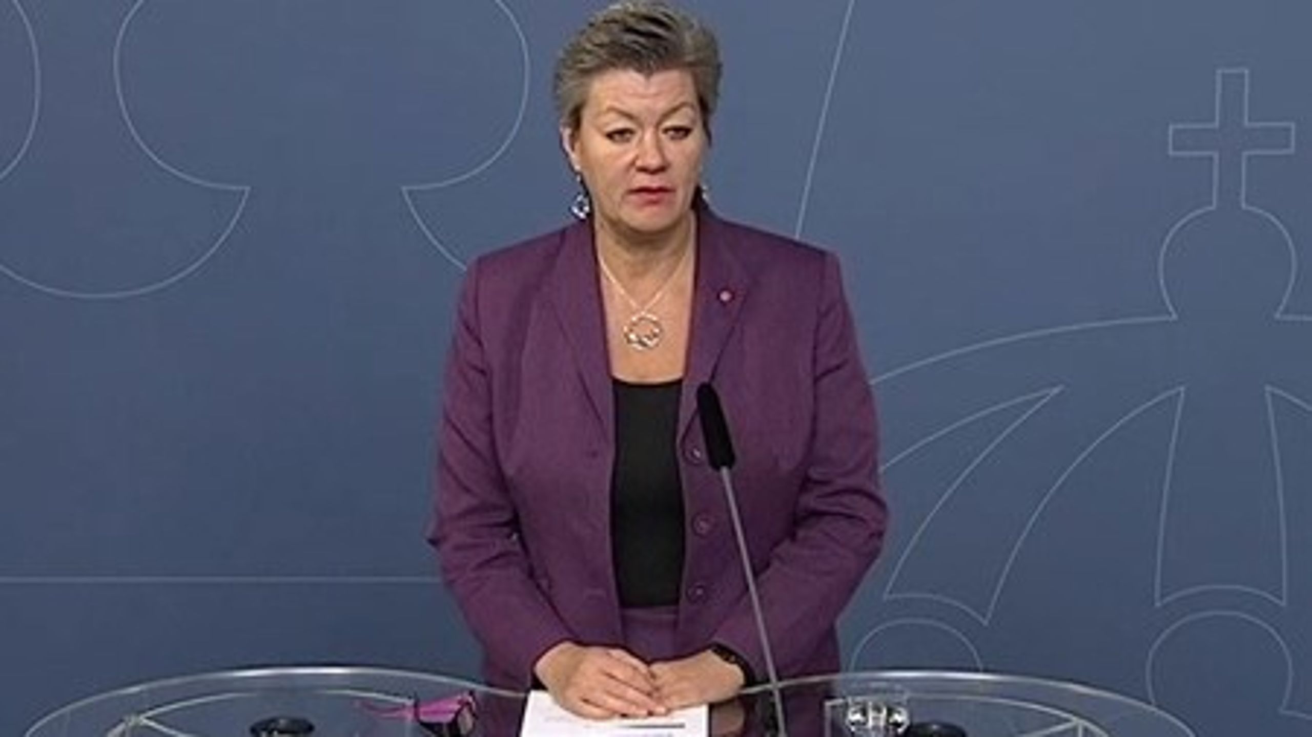 <br>Arbetsmarknadsminister Ylva Johansson (S) på torsdagens presskonferens.<br>
