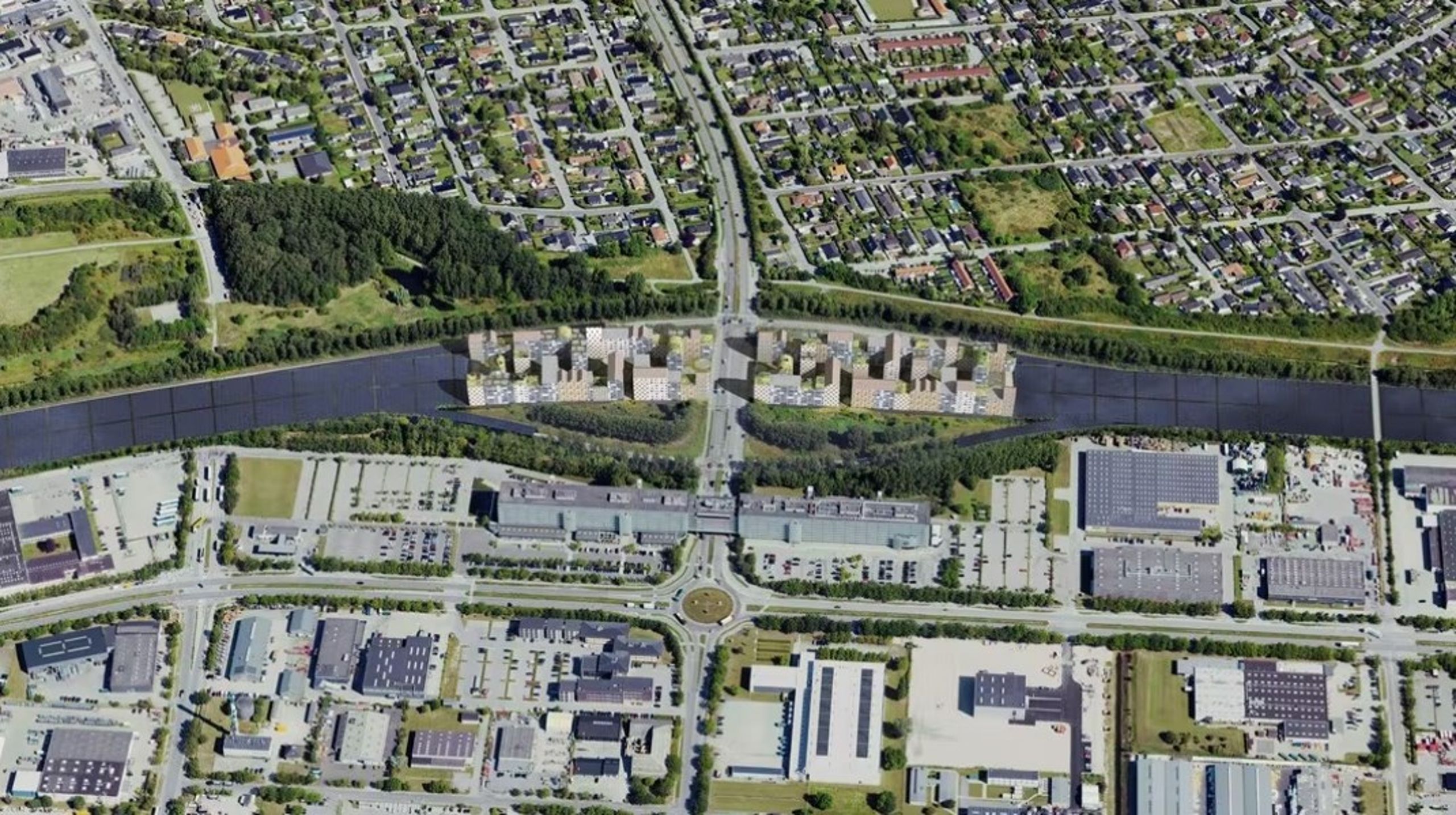Så här skulle en sträcka av Amagermotorvägen kunna se ut i framtiden om Hvidovre kommun i Danmark lyckades täcka in den med bostäder och solceller. Foto: Illustration: Lützen Arkitekter<br>