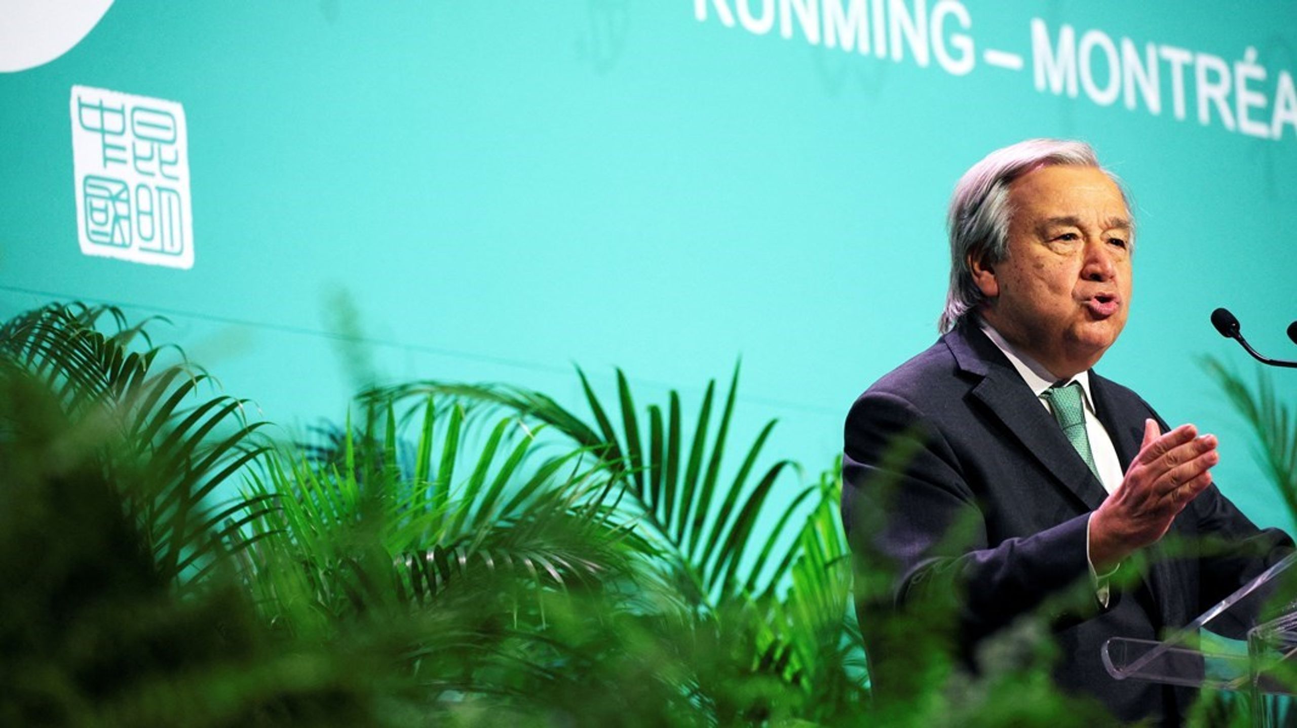 FN:s generalsekreterare António Guterres talar vid invigningen av toppmötet om biologisk mångfald - Cop15 - i Montreal.<br>