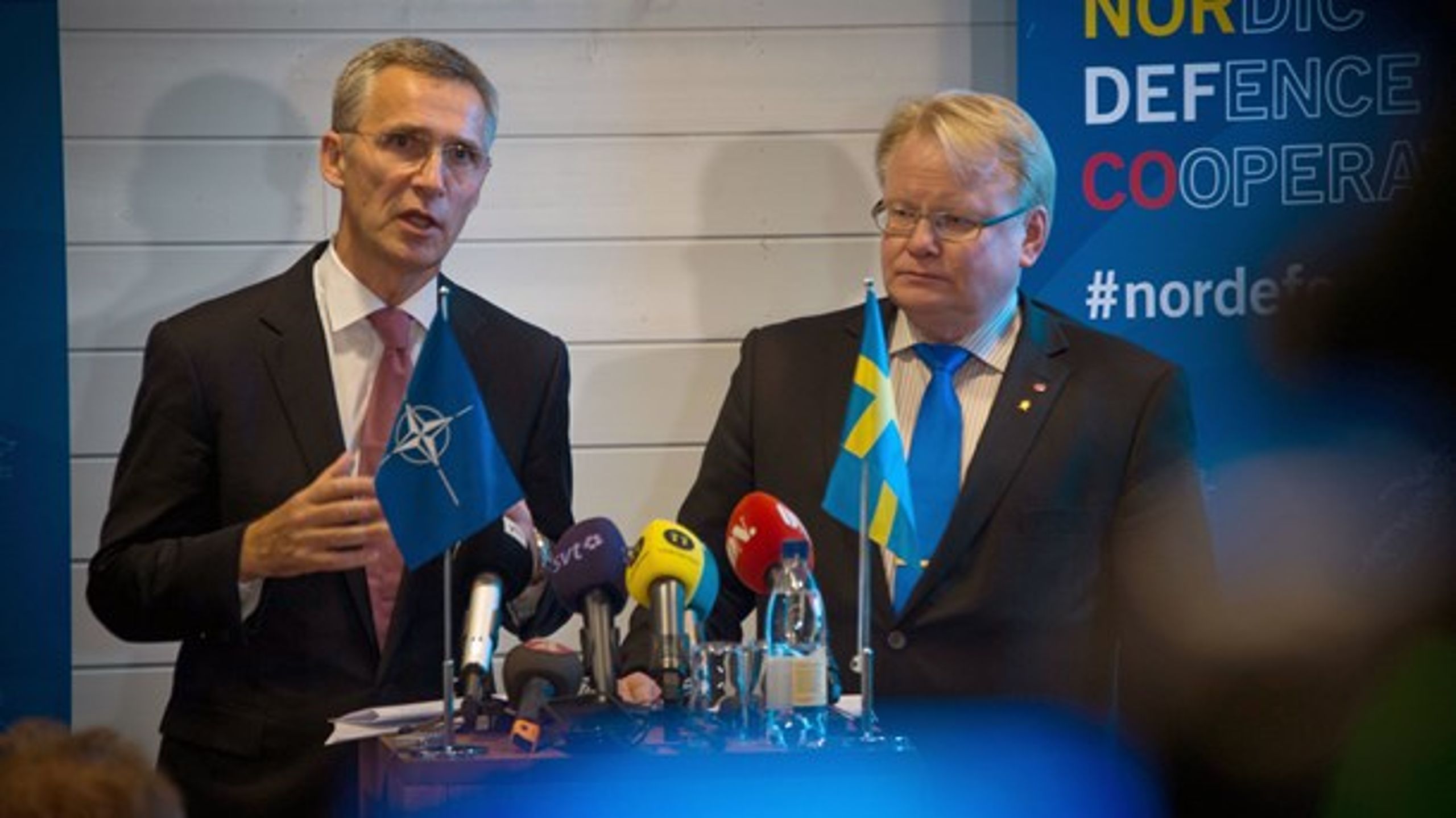 Jens Stoltenberg,&nbsp;Natos generalsekreterare, och försvarsminister Peter Hultqvist, vid ett möte i november 2015.