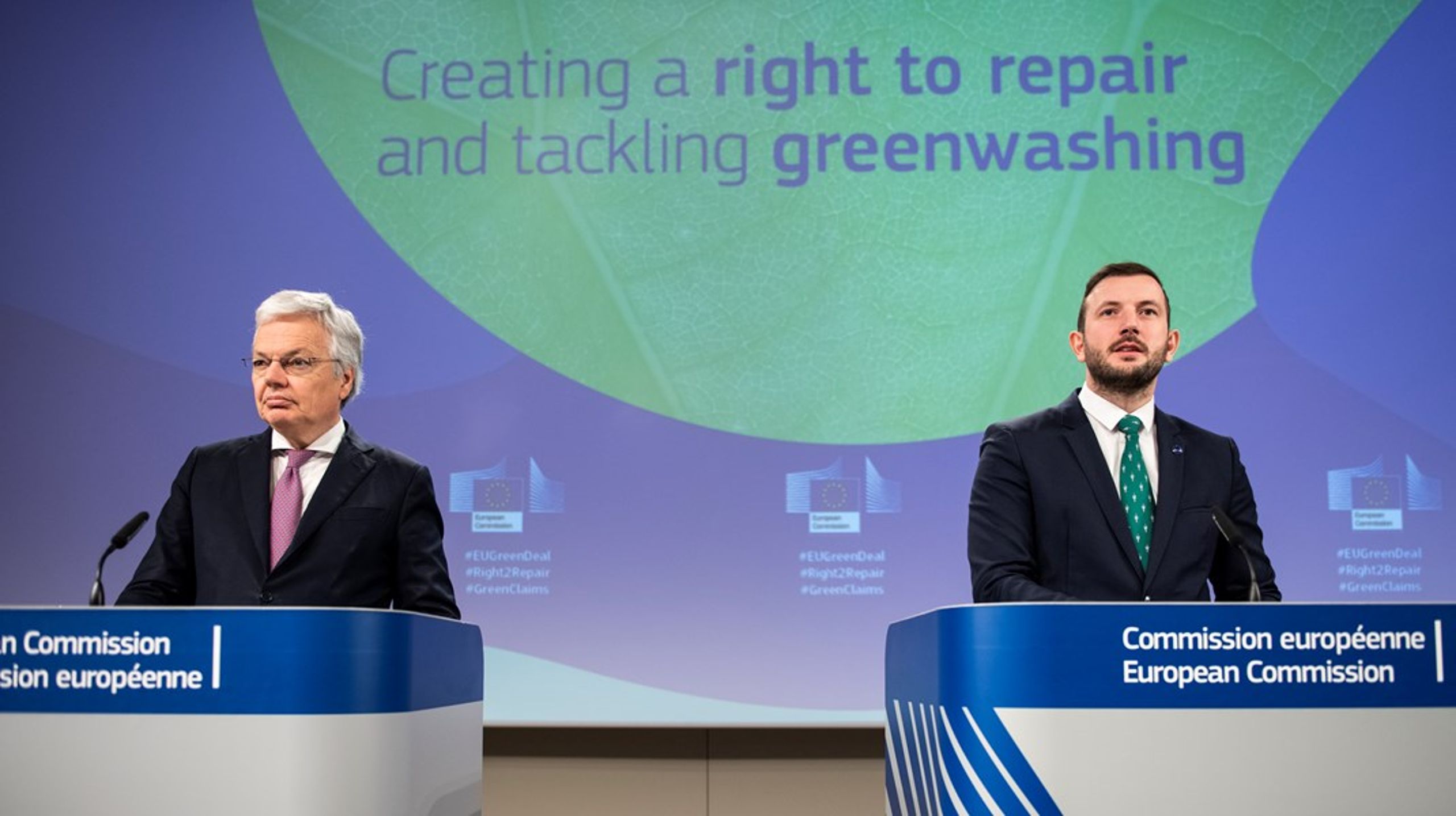 EU:s justitiekommissionär Didier Reyners och EU:s miljökommissionär&nbsp;Virginijus Sinkevičius vill stärka rättigheterna för europeiska konsumenter och samtidigt gynna den gröna omställningen.&nbsp;