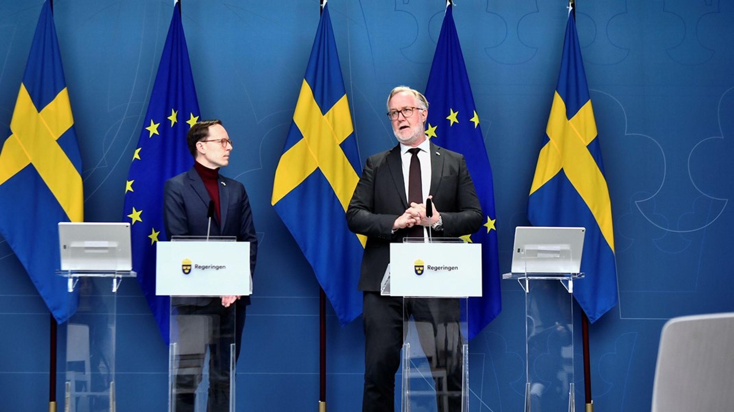 Mats Persson och Johan Pehrson presenterade SFI-satsningen vid en presskonferens på tisdagsmorgonen. (Arkivbild)