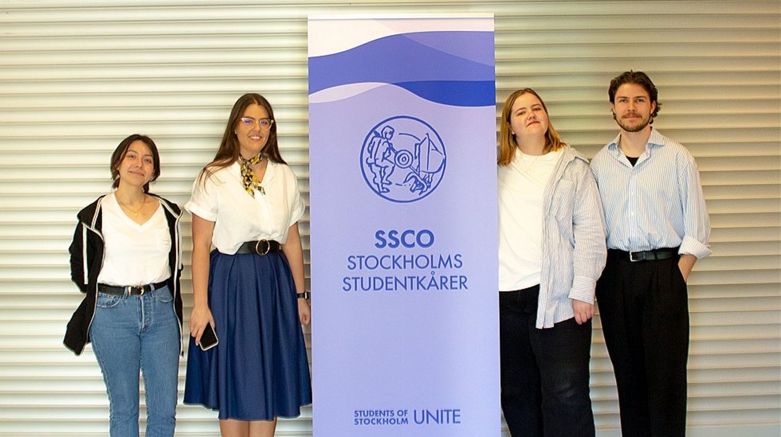 Från vänster: Viktorija Pesic (ny ordförande), Sofia Lindeberg (avgående vice ordförande), Sofia Holmdahl (avgående ordföranden) och Martin Hansson (avgående vice ordföranden).&nbsp;