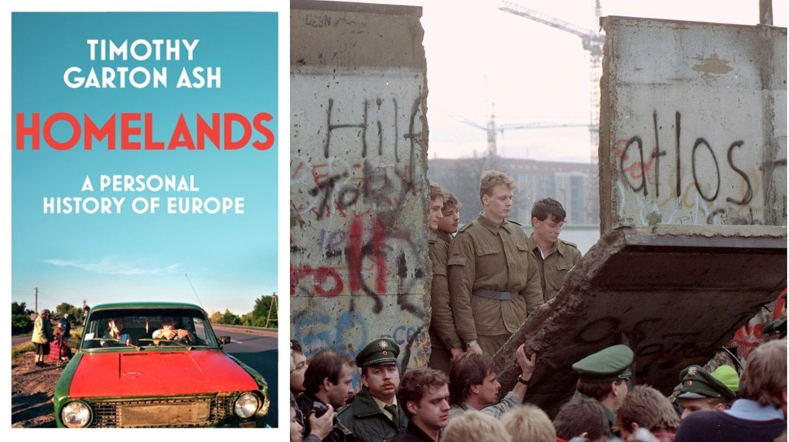 Östtyska
gränsvakter syns genom en glipa efter att demonstranter slitit
ner en del av Berlinmuren.&nbsp;