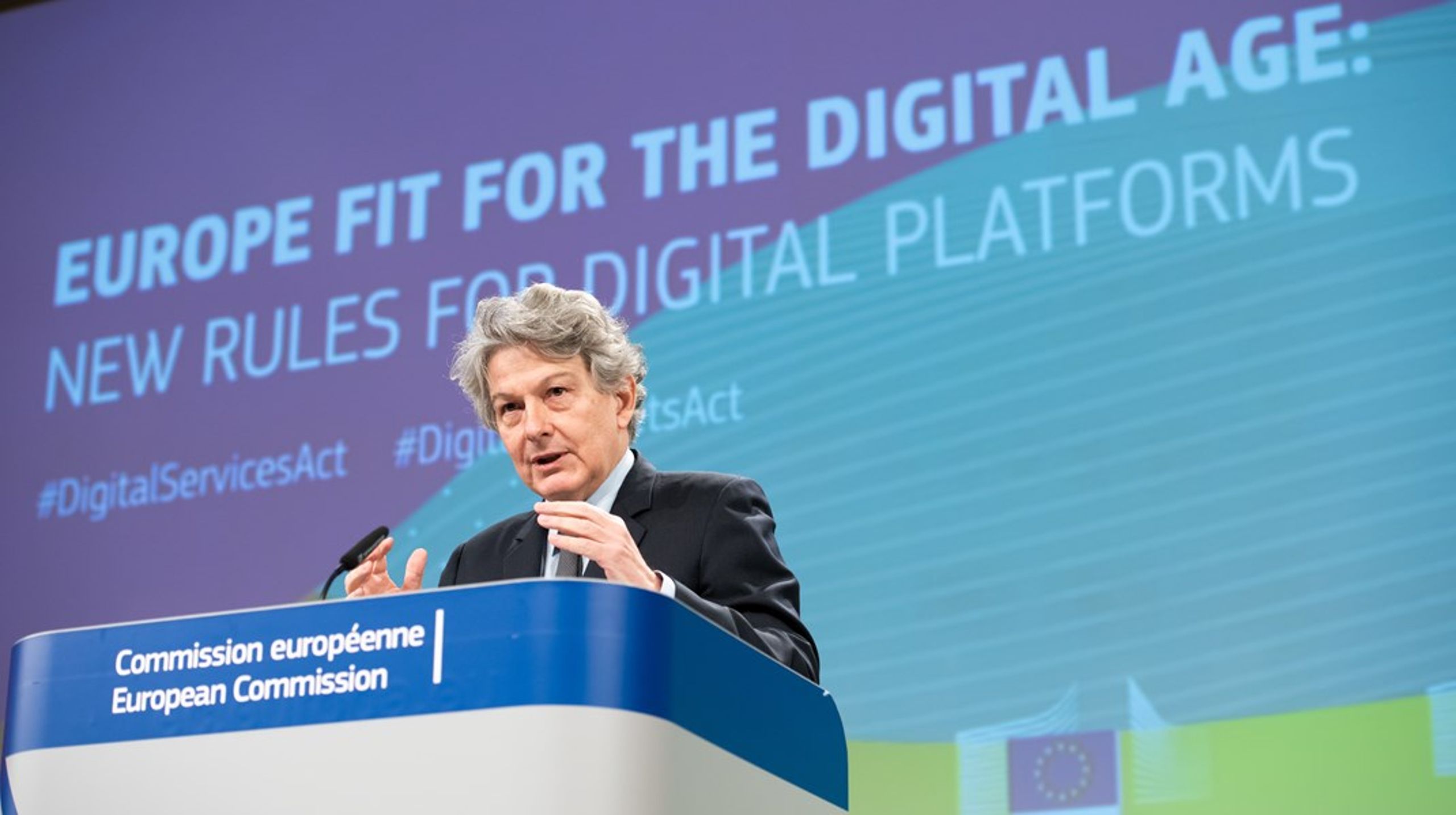 Thierry Breton, EU:s kommissionär för inre marknaden, presenterade kommissionens förslag till nya digitala regler för EU redan 2020. Nu är sex "grindvakter" utsedda.<br>