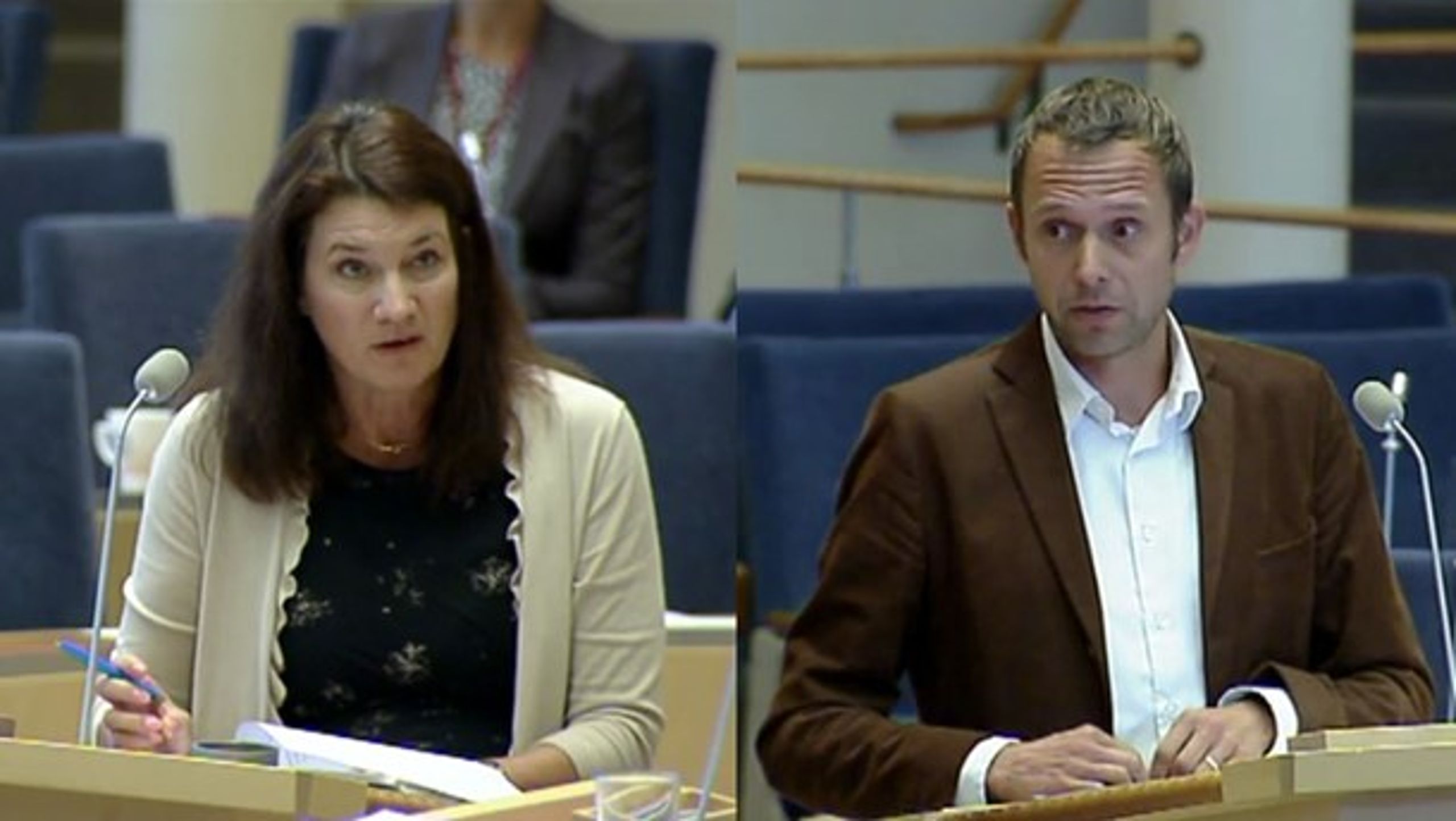 Handelsminister Ann Linde (S) och riksdagsledamoten Jens Holm (V) i debatt om frihandelsavtalet mellan EU och Kanada på torsdagen.