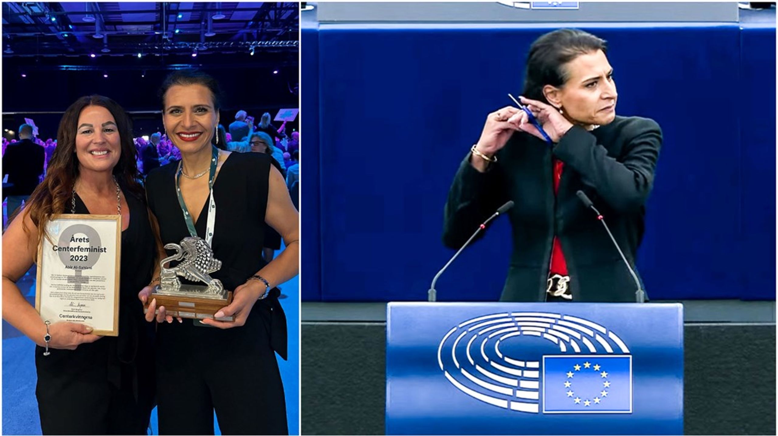 Centerkvinnornas ordförande Malin Bergman delar ut priset Årets Centerfeminist till EU-parlamentarikern Abir Al-Sahlani.