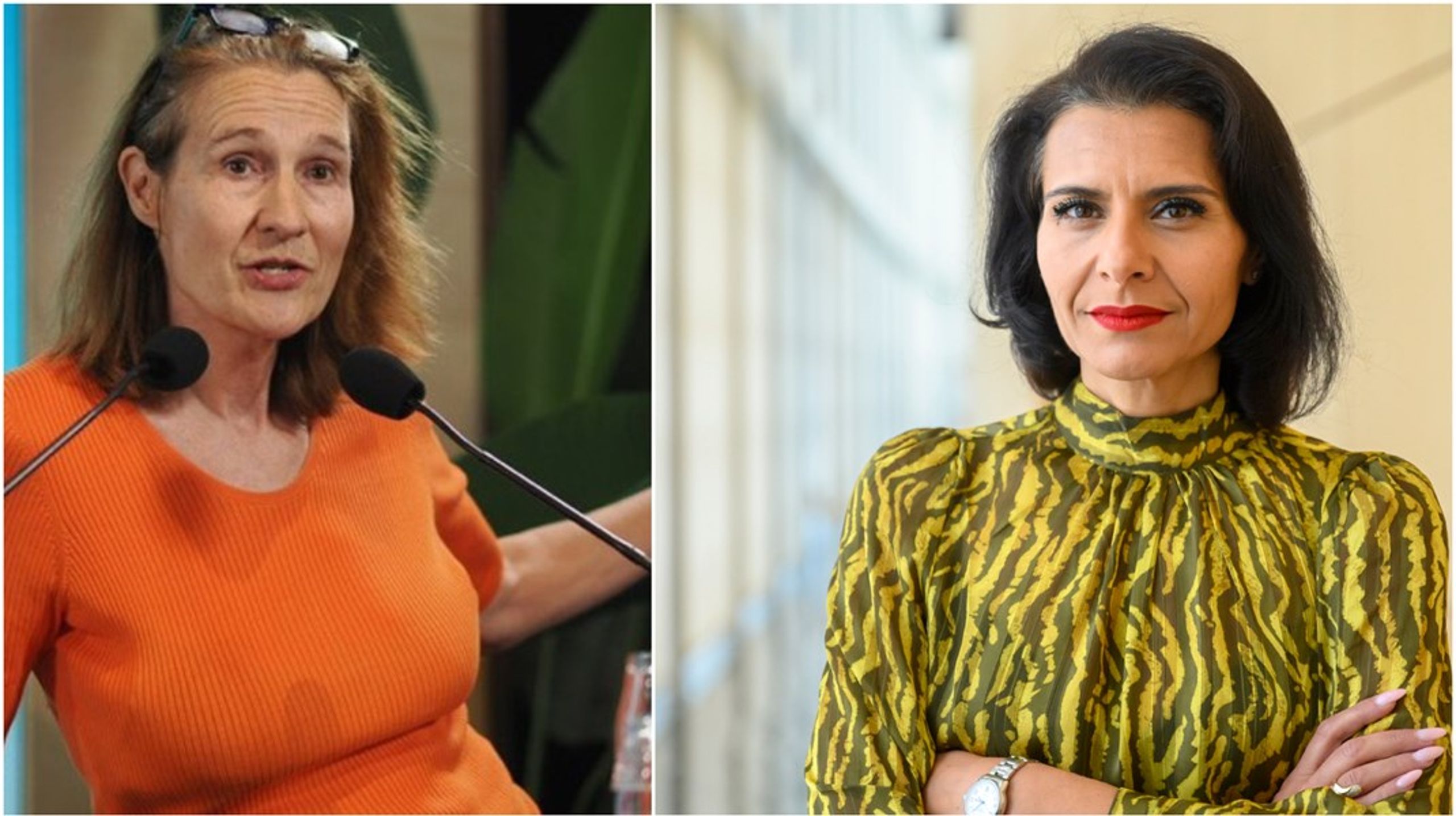 Renate Schroeder, chef för Europeiska Journalistfederationen och EU-parlamentarikern Abir Al-Sahlani (C) hade båda föredragit en medielag som totalförbjöd användning av spionprogram för att övervaka journalister.<br>