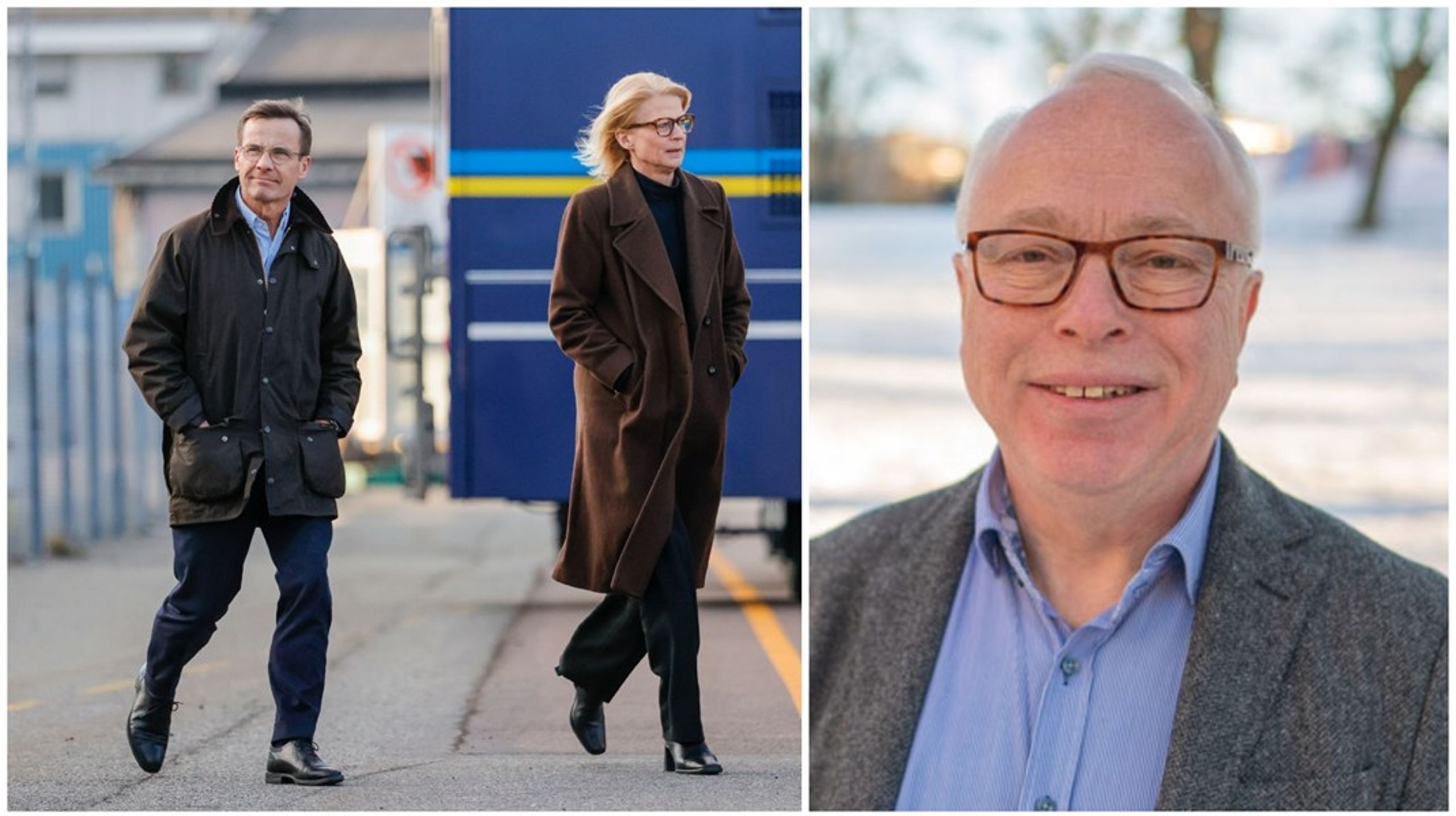 Statsminister Ulf Kristersson (M) och finansminister Elisabeth Svantesson (M) under blåsigt besök i Göteborgs hamn.