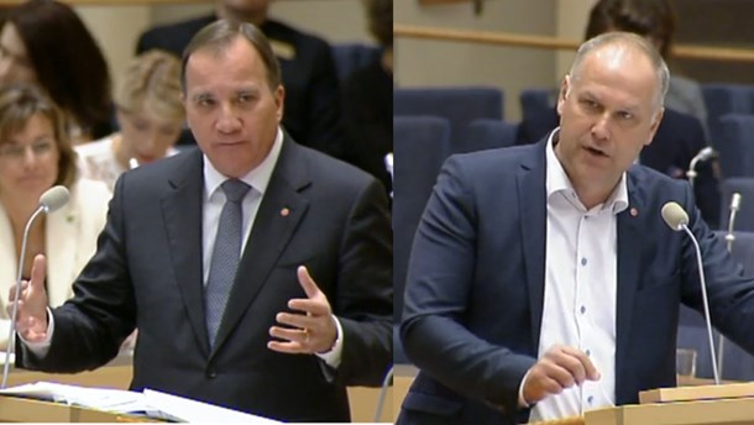 Statsminister Stefan Löfven (S) och Jonas Sjöstedt (V)&nbsp;debatterade skatter under partiledardebatten.